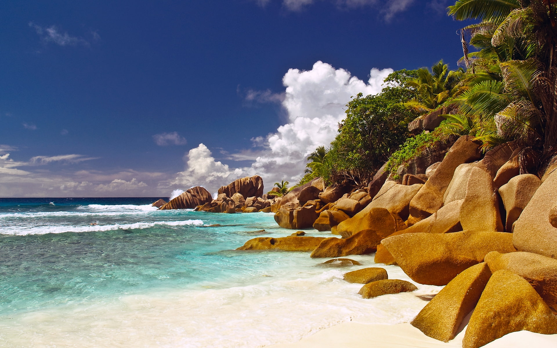 clouds, sky, ocean, beach, corner, islands, seychelles, 1080P, rocks, water, sea, palm trees, HD Wallpaper