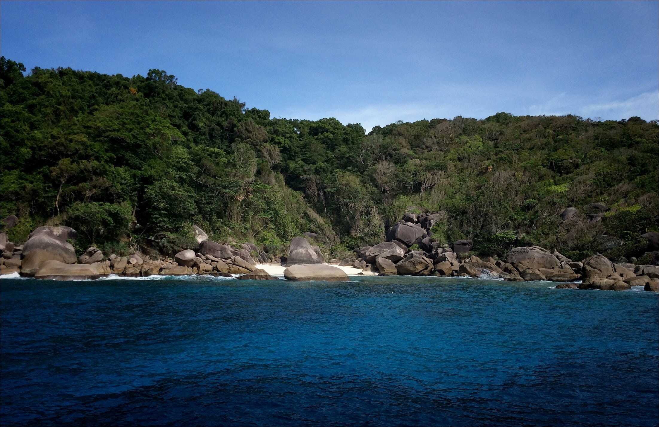 blue, summer, sky, 1080P, island, solid, tree, rock, beach, tropical Climate, nature, coastline, scenics - nature, tranquil scene, sea, beauty in nature, HD Wallpaper
