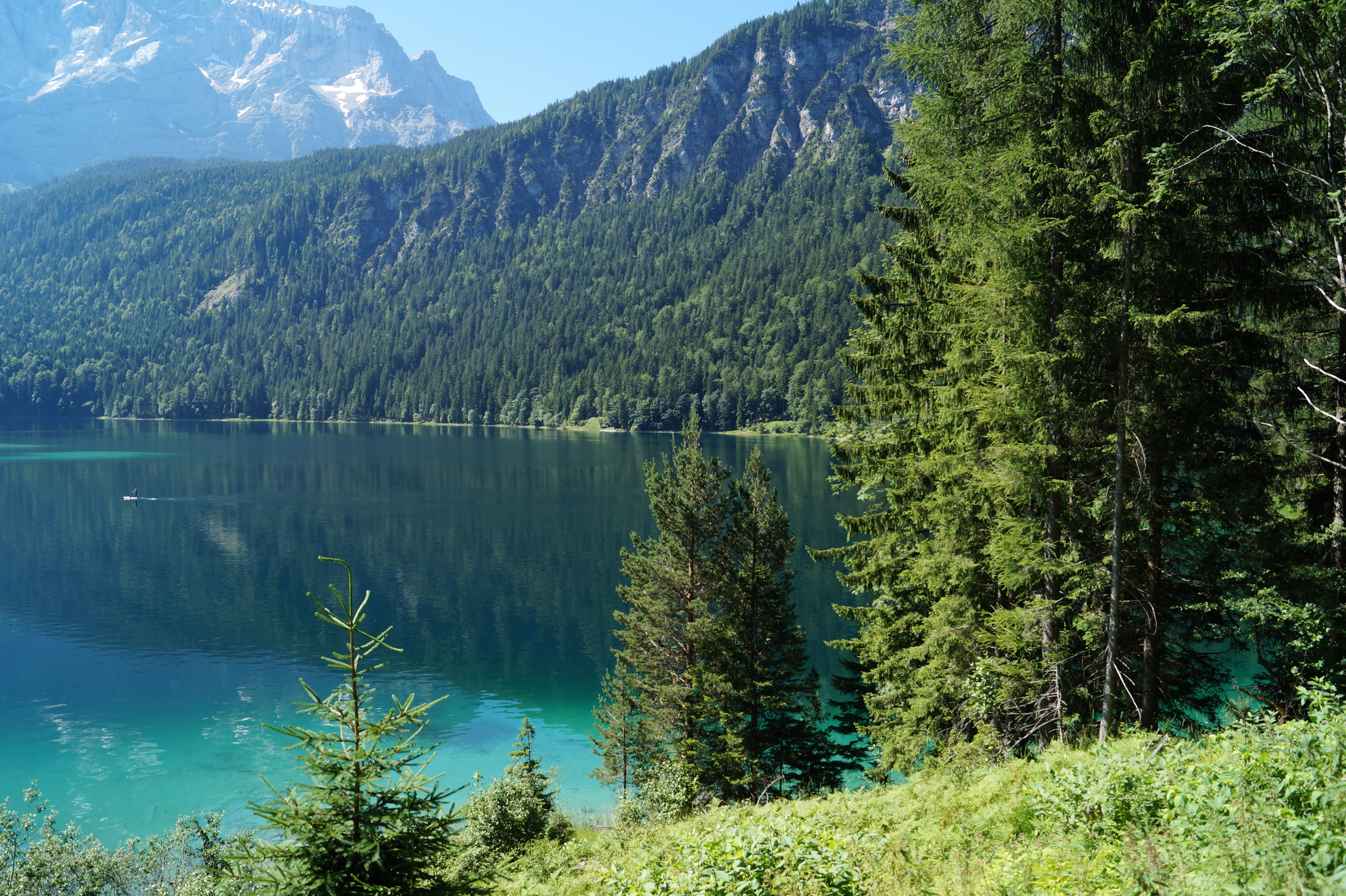 mountain, lake, reflection, mirroring, forest, no people, coniferous tree, turquoise colored, tranquility, mood, waters, eibsee, 5K, blue, place, outdoors, HD Wallpaper