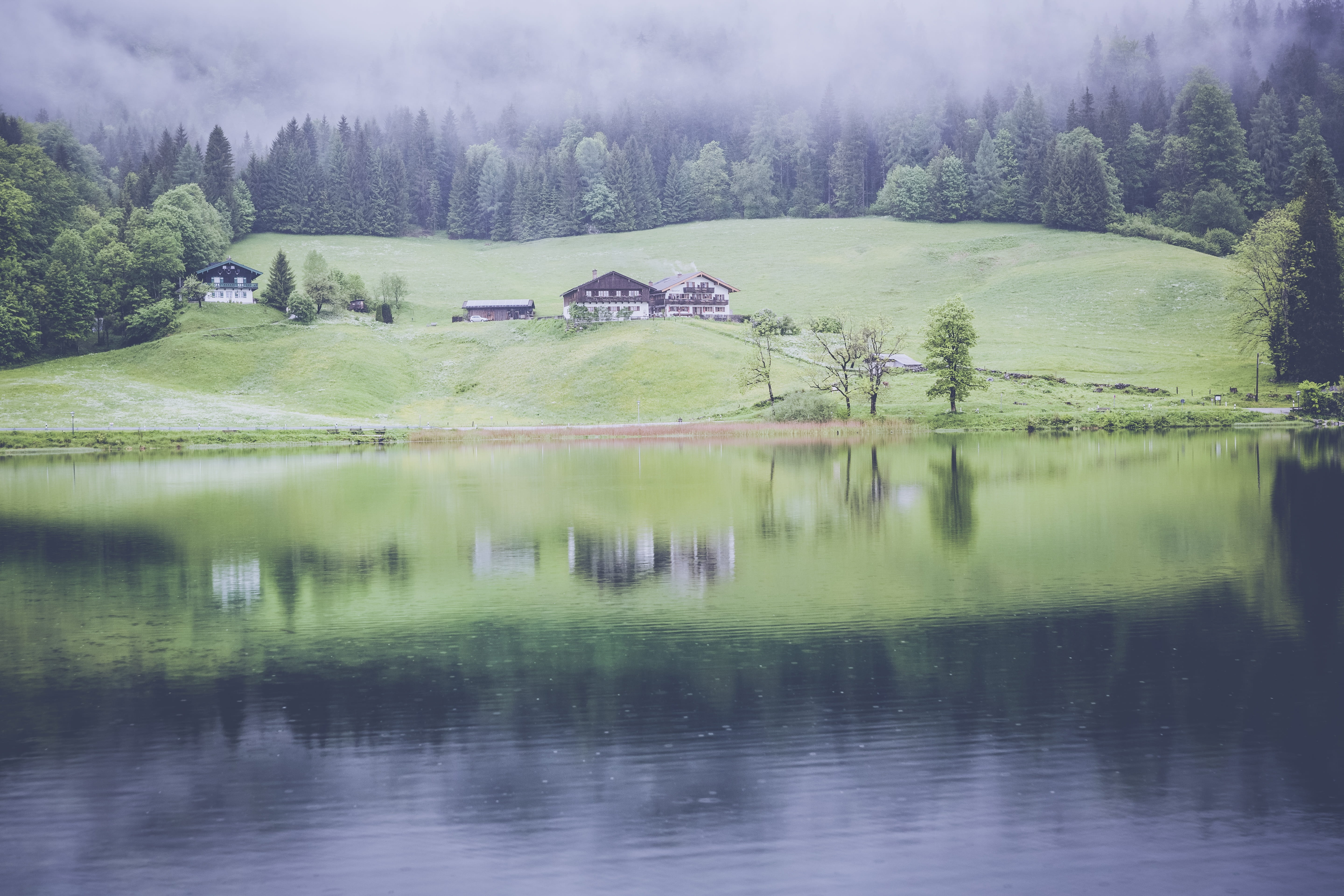 alpine, lake, reflection, 5K, mountain lake, hut, landscape, environment, tranquility, natural, no people, hintersee, mountains, built structure, water, HD Wallpaper