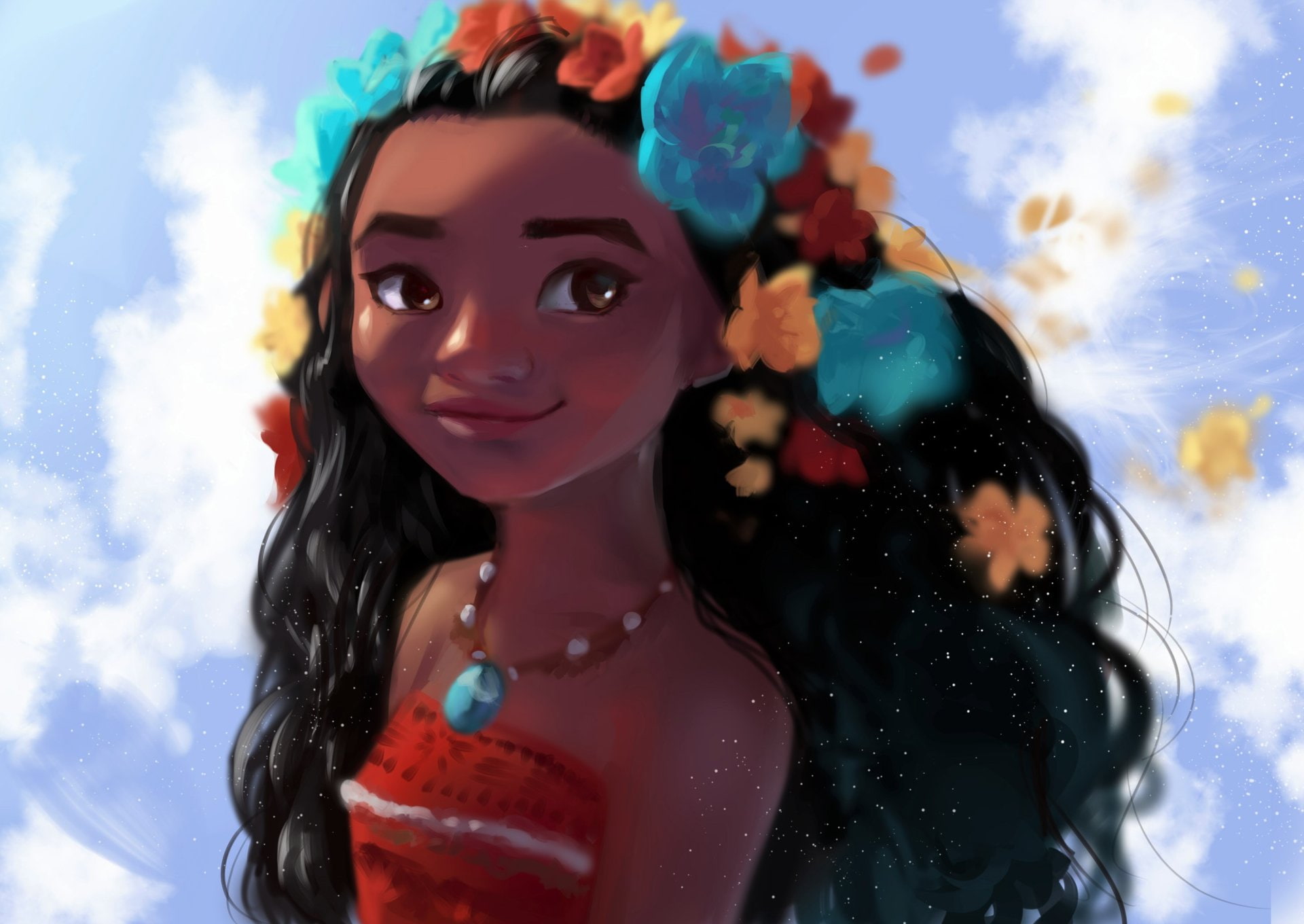 leisure activity, smiling, hair, Flower, emotion, women, headshot, sky, front view, one person, beautiful woman, Moana Waialiki, Girl, Moana, looking at camera, HD Wallpaper