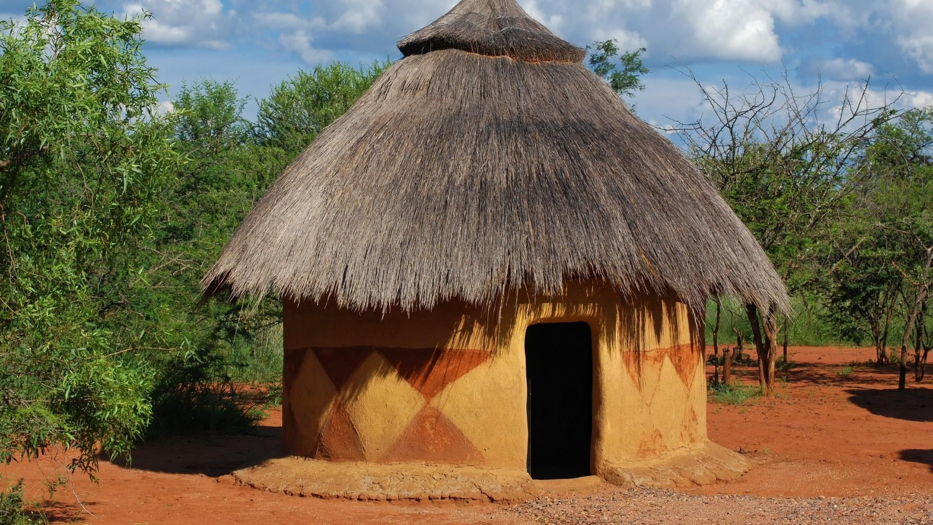 plant, roof, thatched roof, shadow, hut, cloud - sky, architecture, sky, sunlight, building, bothy, tree, thatching, land, day, house, 1080P, village, HD Wallpaper