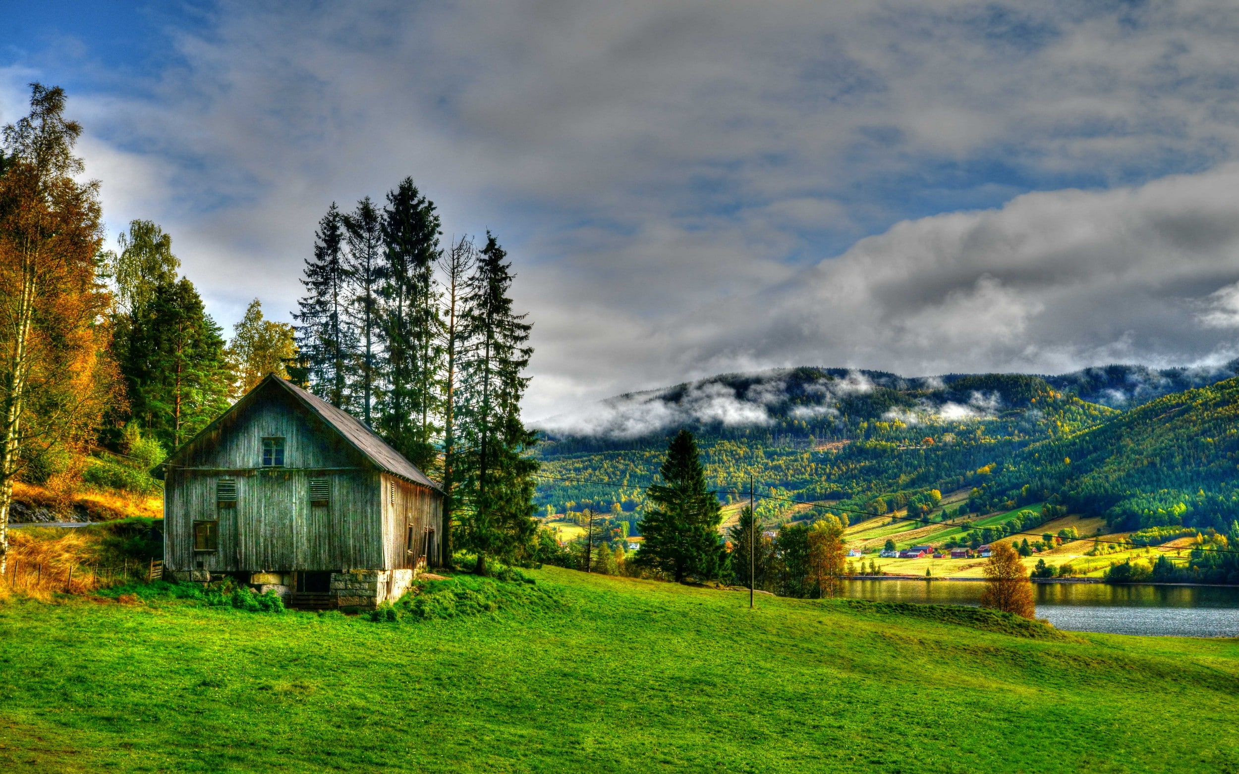 lake, landscape, grass, hut, 1080P, trees, village, field, nature, 2500x1563, HD Wallpaper