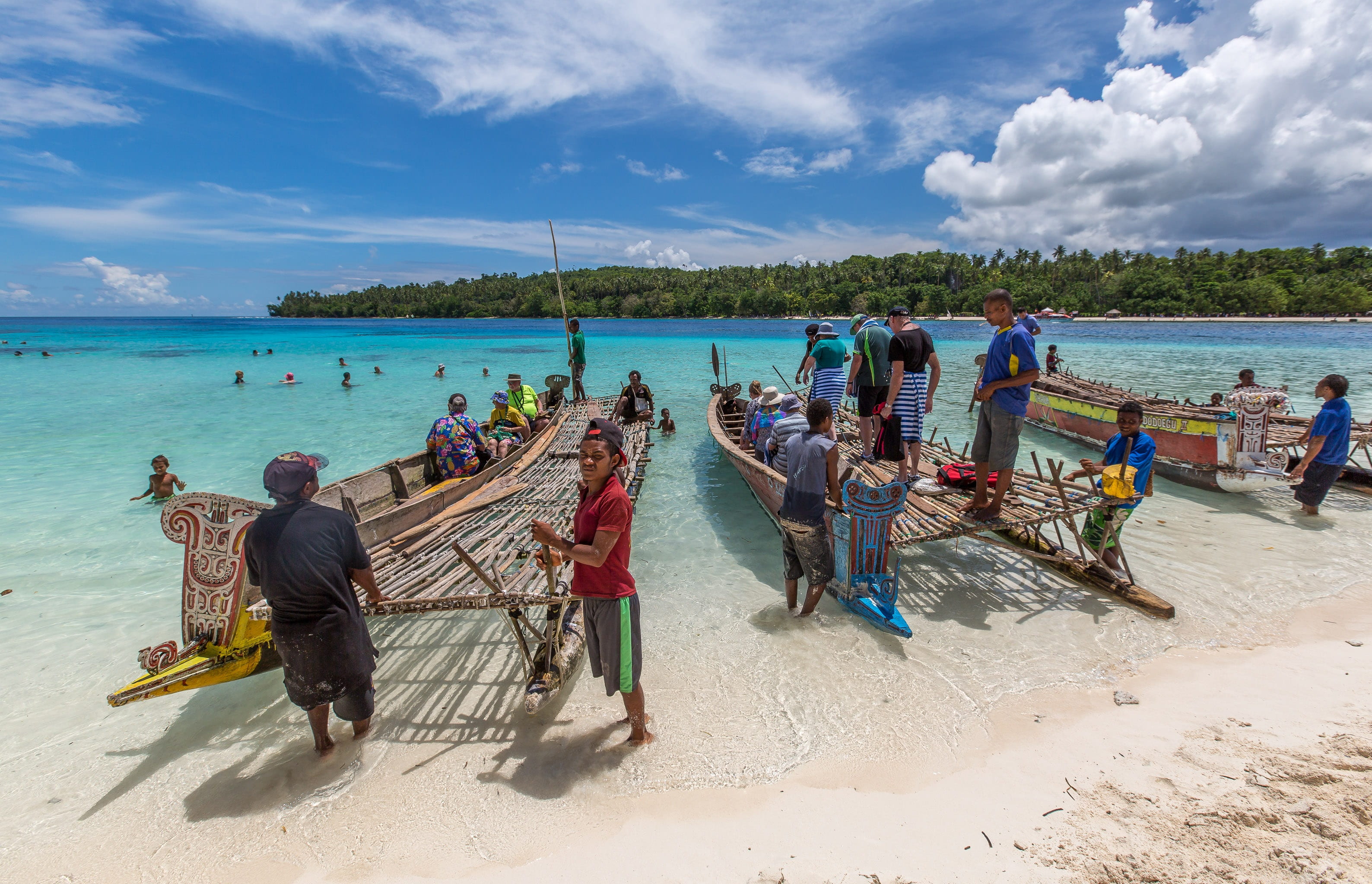 sky, sand, papua new guinea, women, kiriwina, paradise, nature, idyllic, lakatoi, canoeing, adult, transportation, standing, land, beach, group of people, HD Wallpaper
