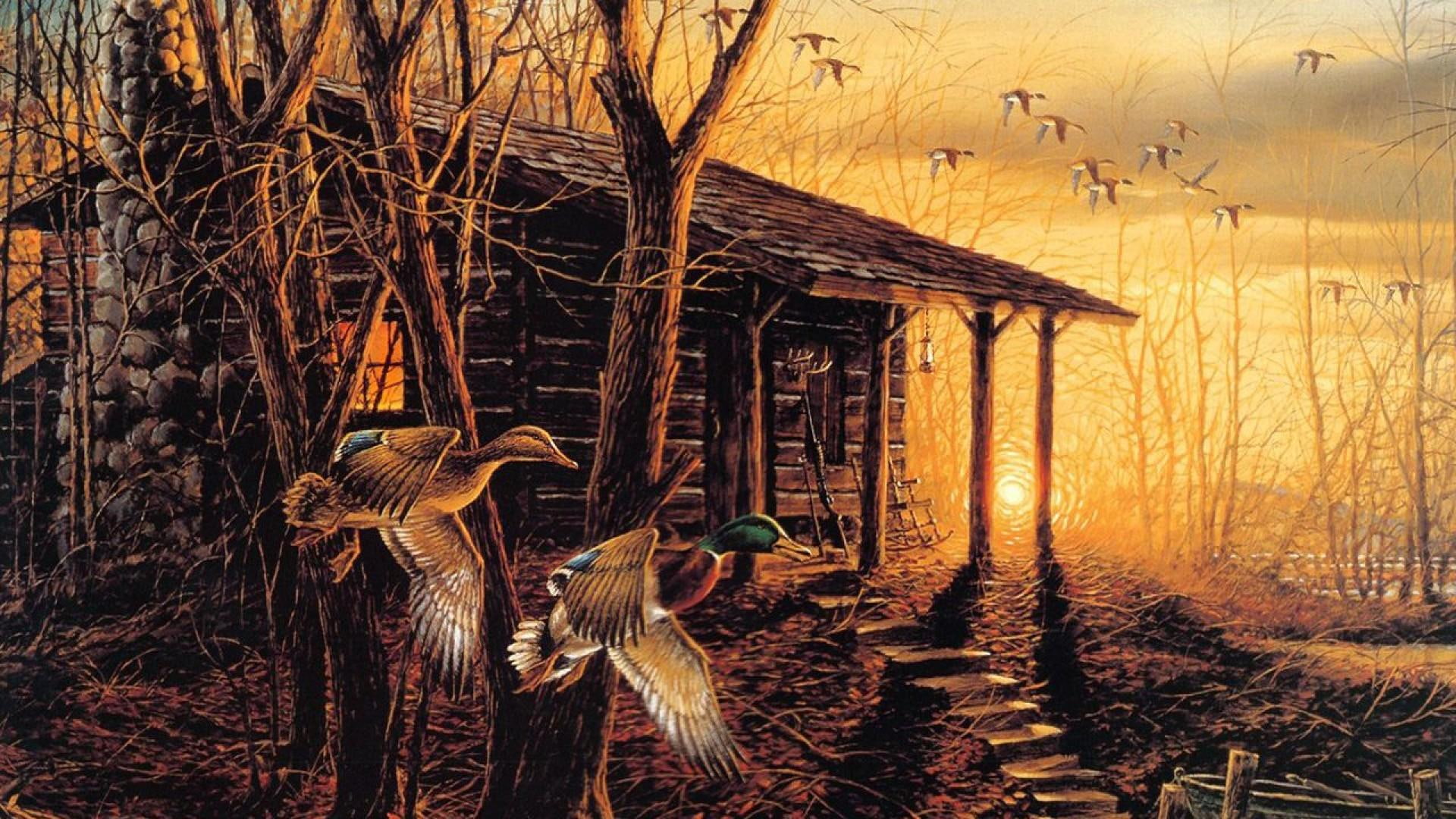 trees, 1080P, cabin, ducks, morning, 3d and abstract, retreat, HD Wallpaper