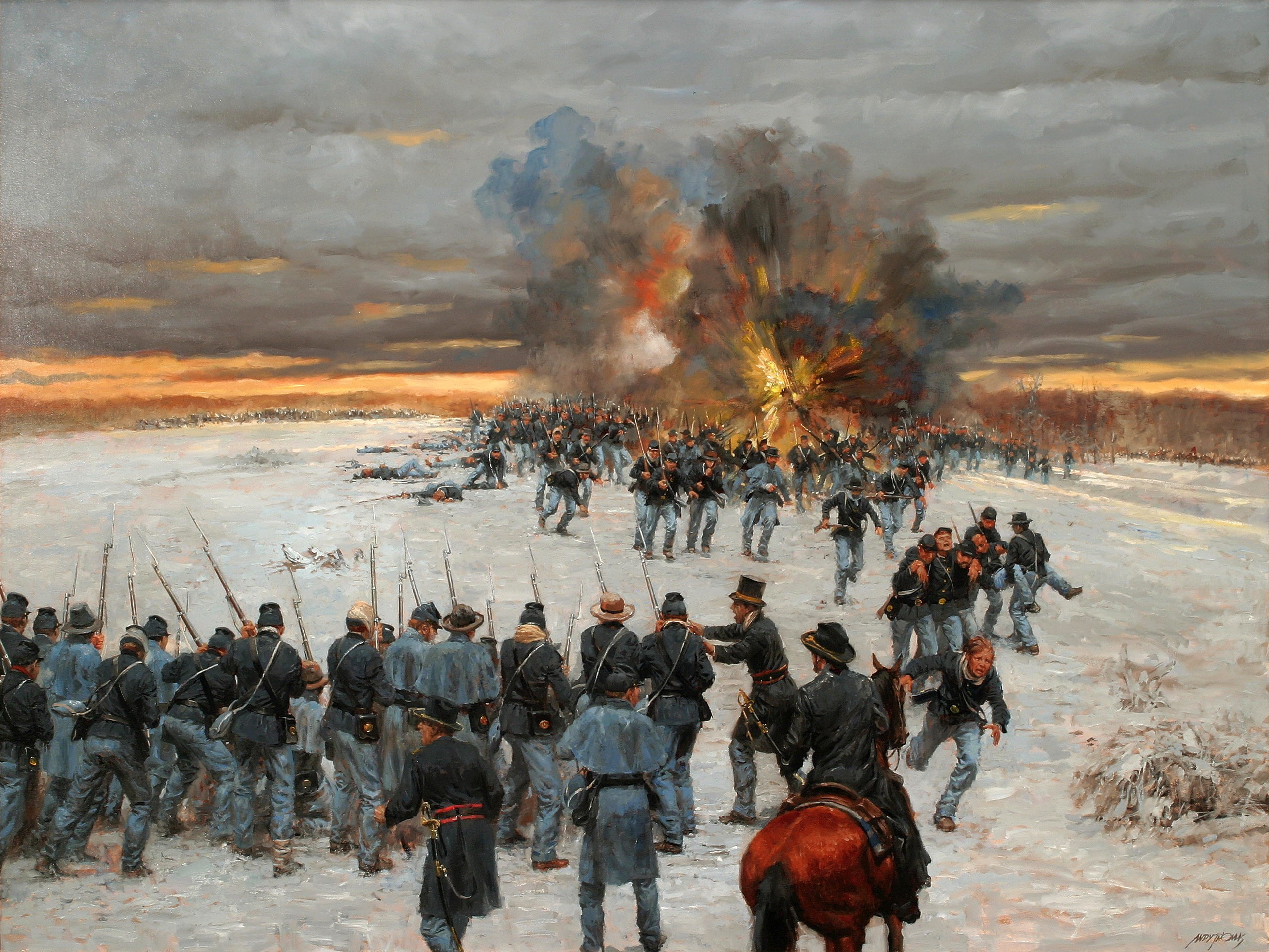 2K, picture, canvas, North America, retreat, oil, soldiers. weapons, the war between North and South, HD Wallpaper
