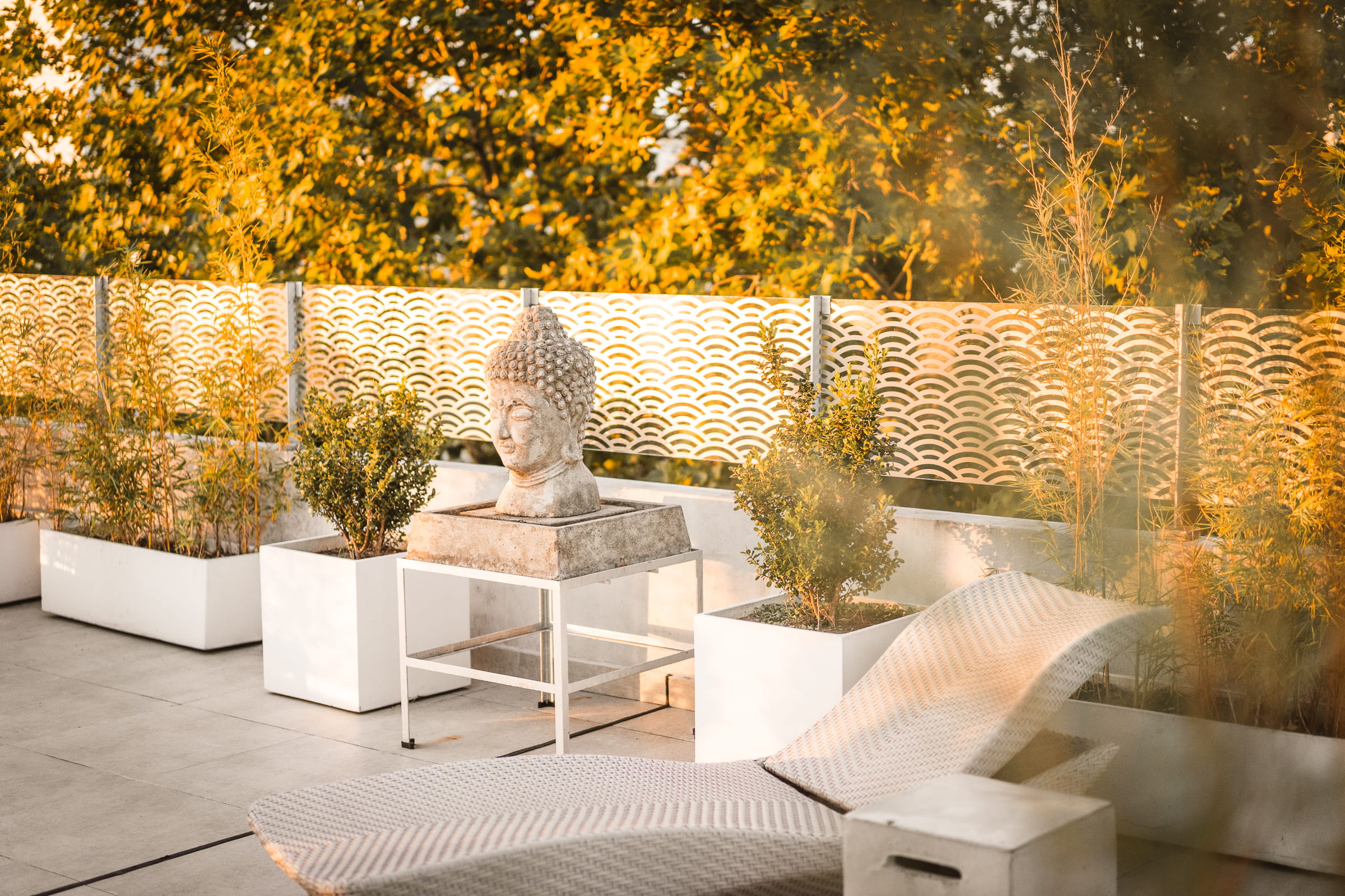 modern, beside, relaxing, tree, gautama, bust, sunset, table, outdoors, retreat, meditate, sofa, chair, buddha, nature, seat, architecture, peace, electric lamp, HD Wallpaper