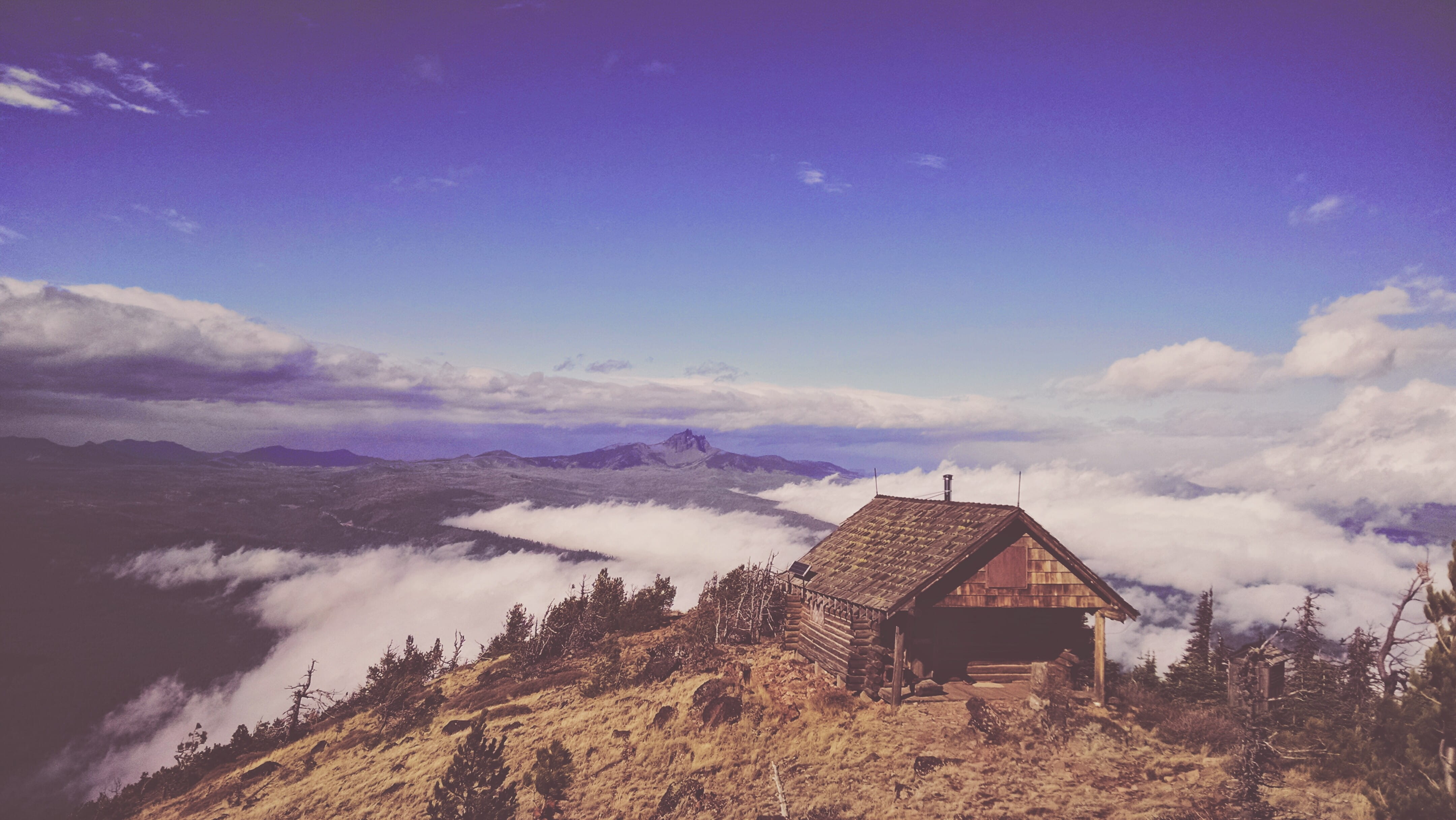 shelter, tranquility, rural, cloud - sky, built structure, building exterior, cloud, mountain, near, countryside, architecture, cabin, house, land, outdoors, HD Wallpaper