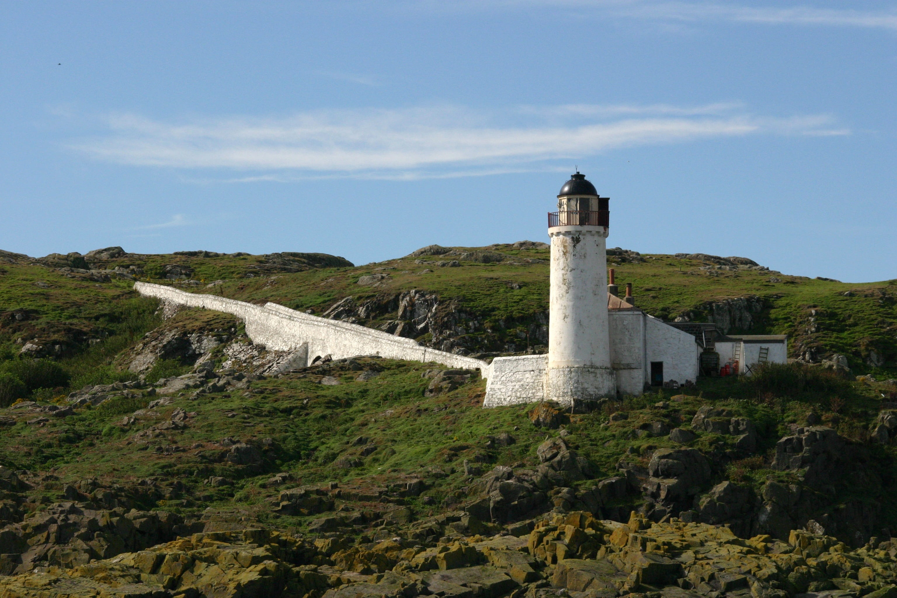 low angle view, lighthouse, nature, building, guidance, mountain, isle of may, seashore, no people, tower, plant, history, architecture, tourism, travel, HD Wallpaper