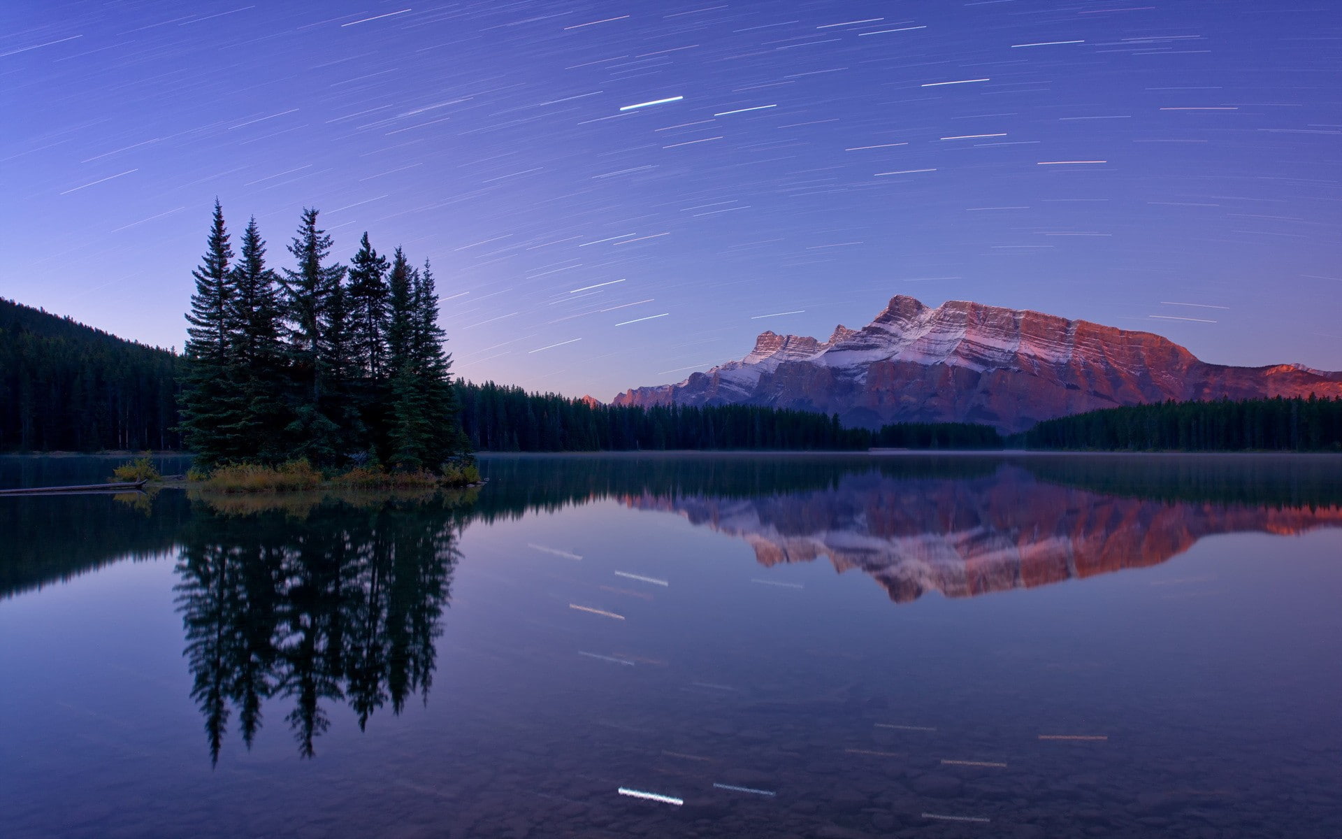 island, mountains, landscape, Canada, reflection, Banff National Park, 1080P, long exposure, nature, HD Wallpaper