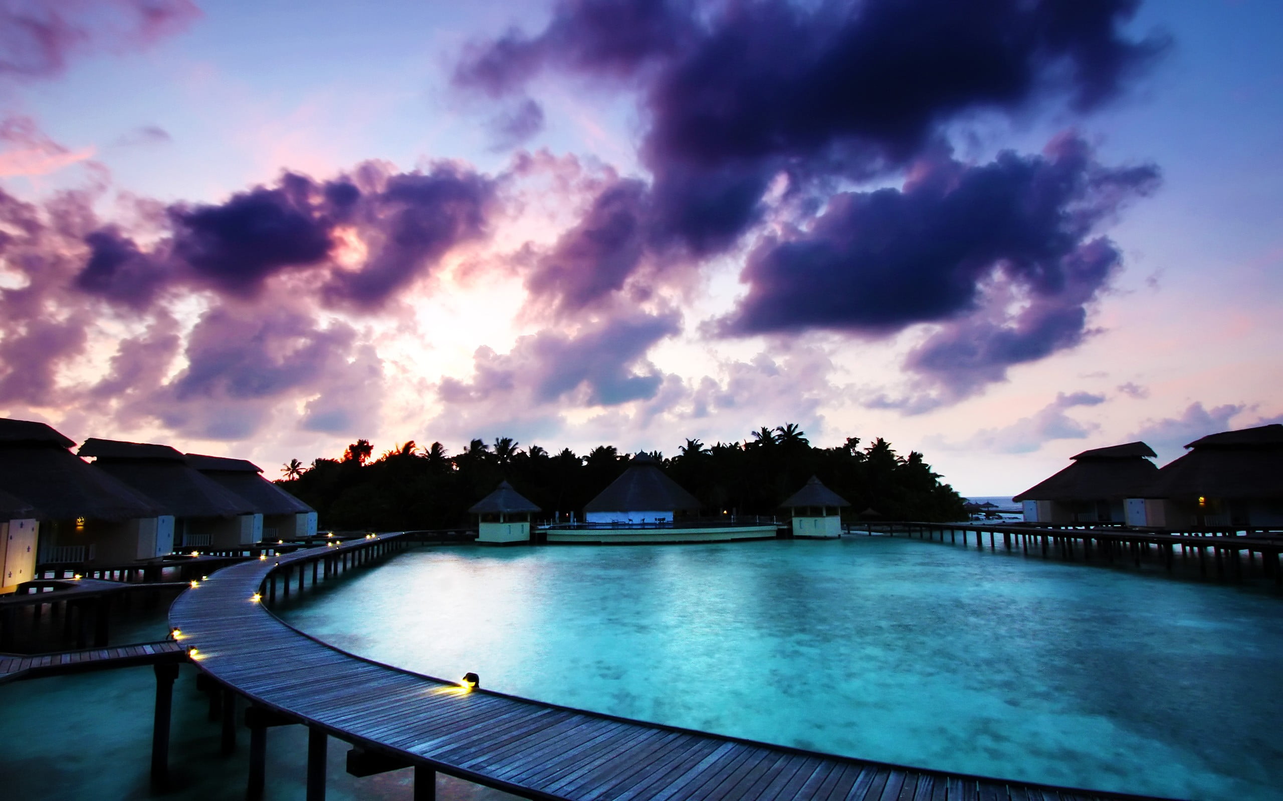 no people, dusk, scenics - nature, swimming pool, 2K, tourist resort, tourist, nature, building exterior, water, cottages, architecture, cloud - sky, beauty in nature, HD Wallpaper