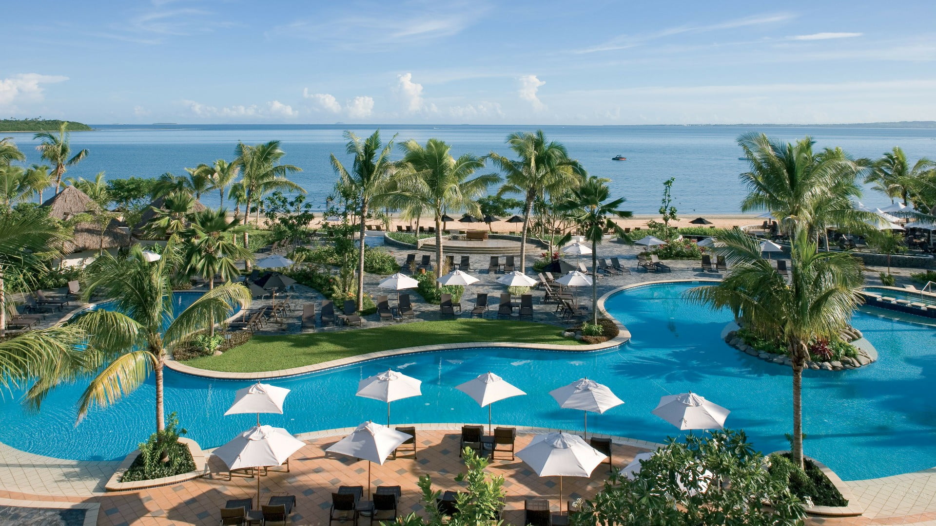 no people, caribbean, building exterior, swimming pool, nadi, resort, travel destinations, cloud - sky, denarau island, tropical climate, luxury, palm tree, HD Wallpaper