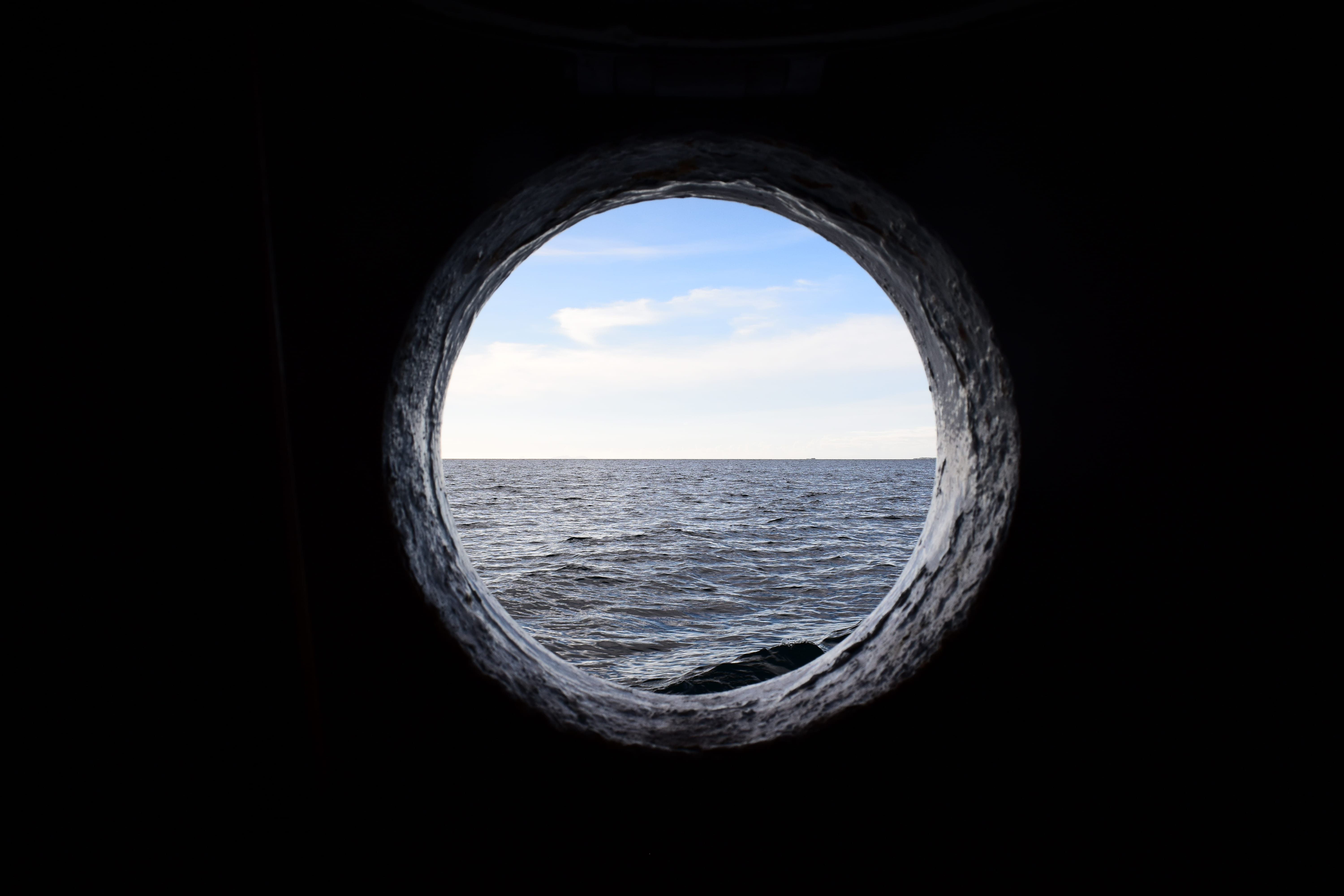indoors, porthole, mode of transportation, cloud - sky, horizon over water, transportation, boat, scenics - nature, window, day, 5K, nature, sea, cloud, HD Wallpaper