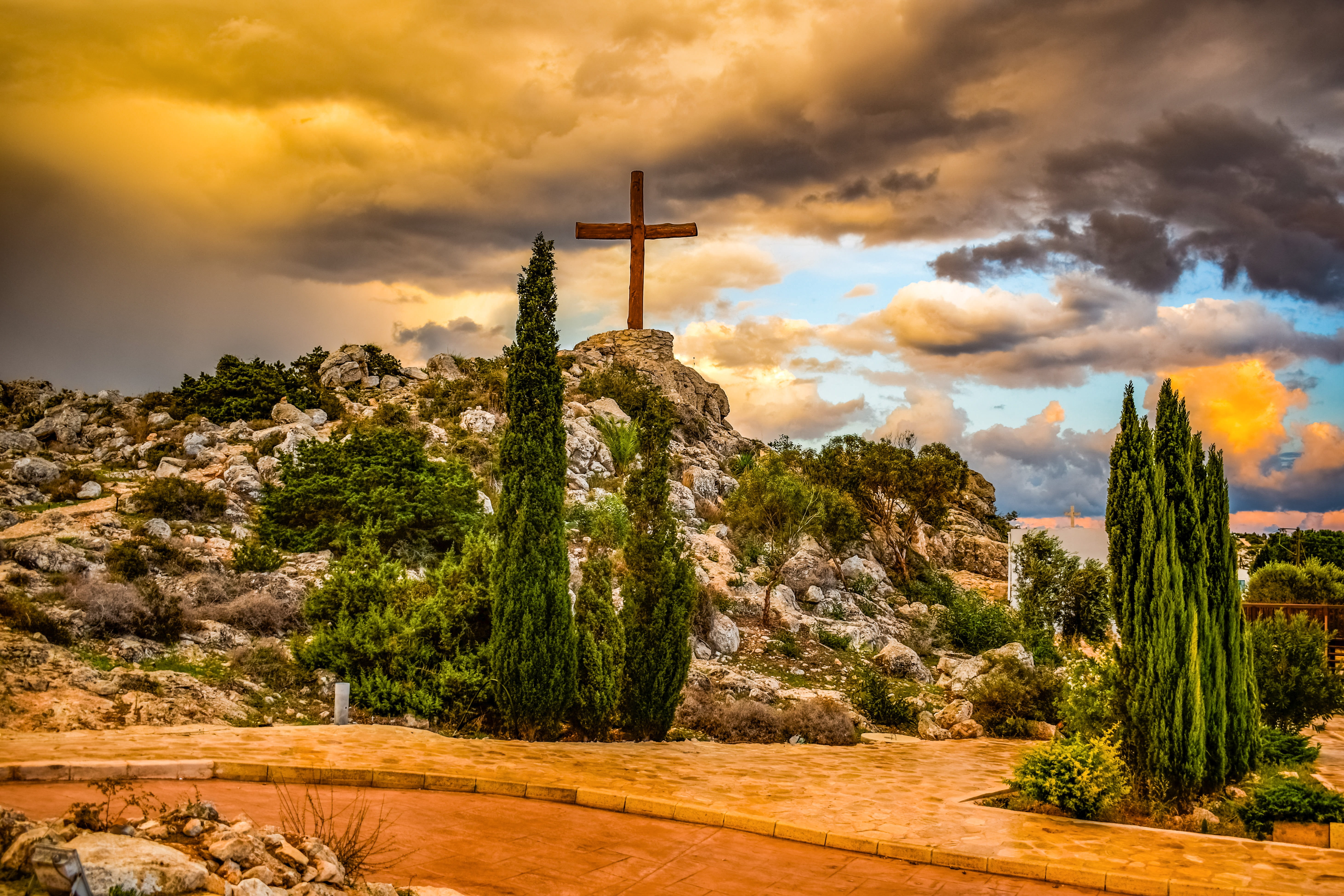 trees, wooden, outdoors, top, nature, built structure, colors, ayia napa, mountain, faith, christianity, scenics - nature, orange color, place of worship, HD Wallpaper