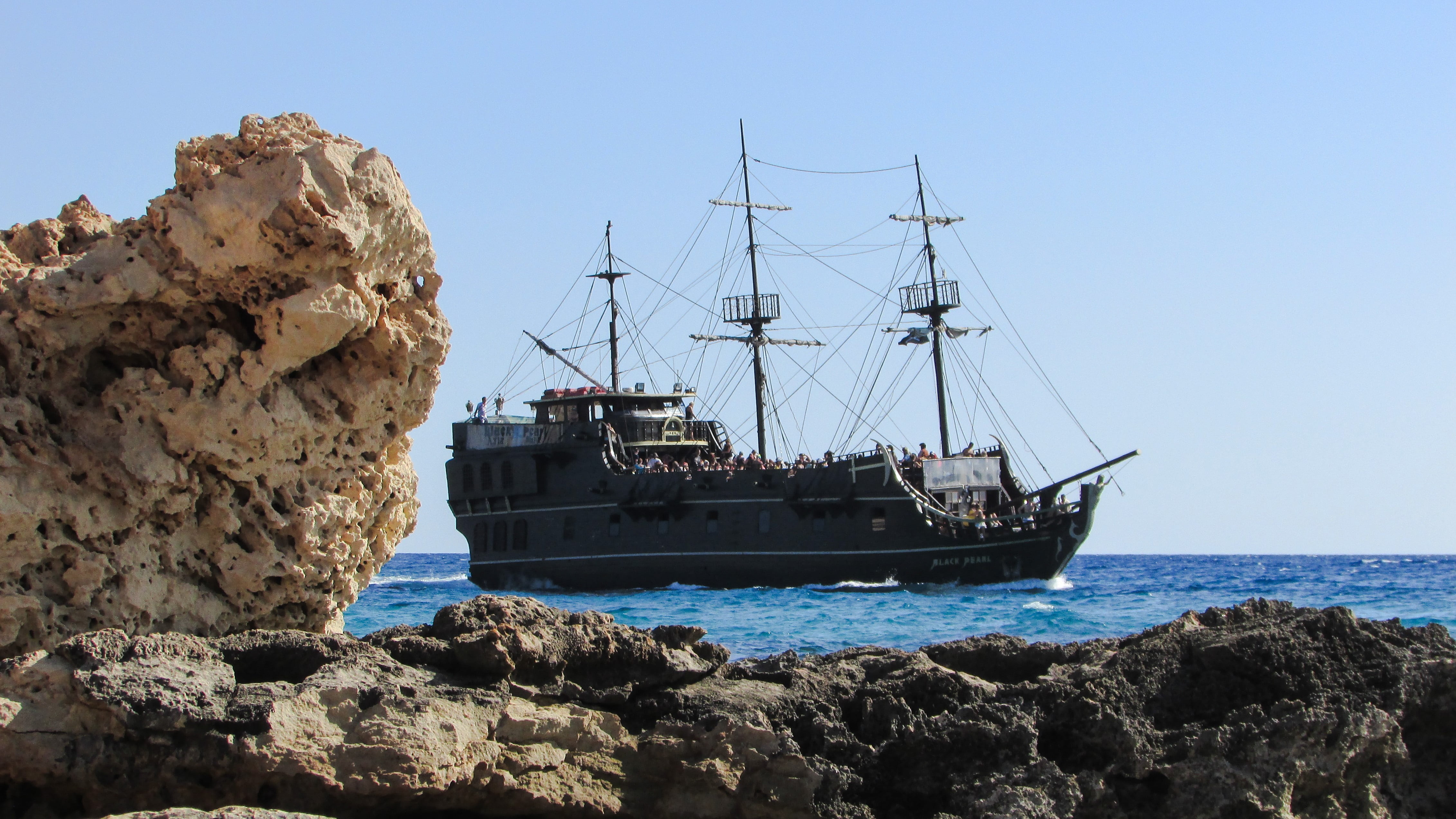 cyprus, no people, rocky coast, rock, sailboat, vintage, sky, sailing ship, mode of transportation, solid, pirate ship, black pearl, transportation, day, HD Wallpaper