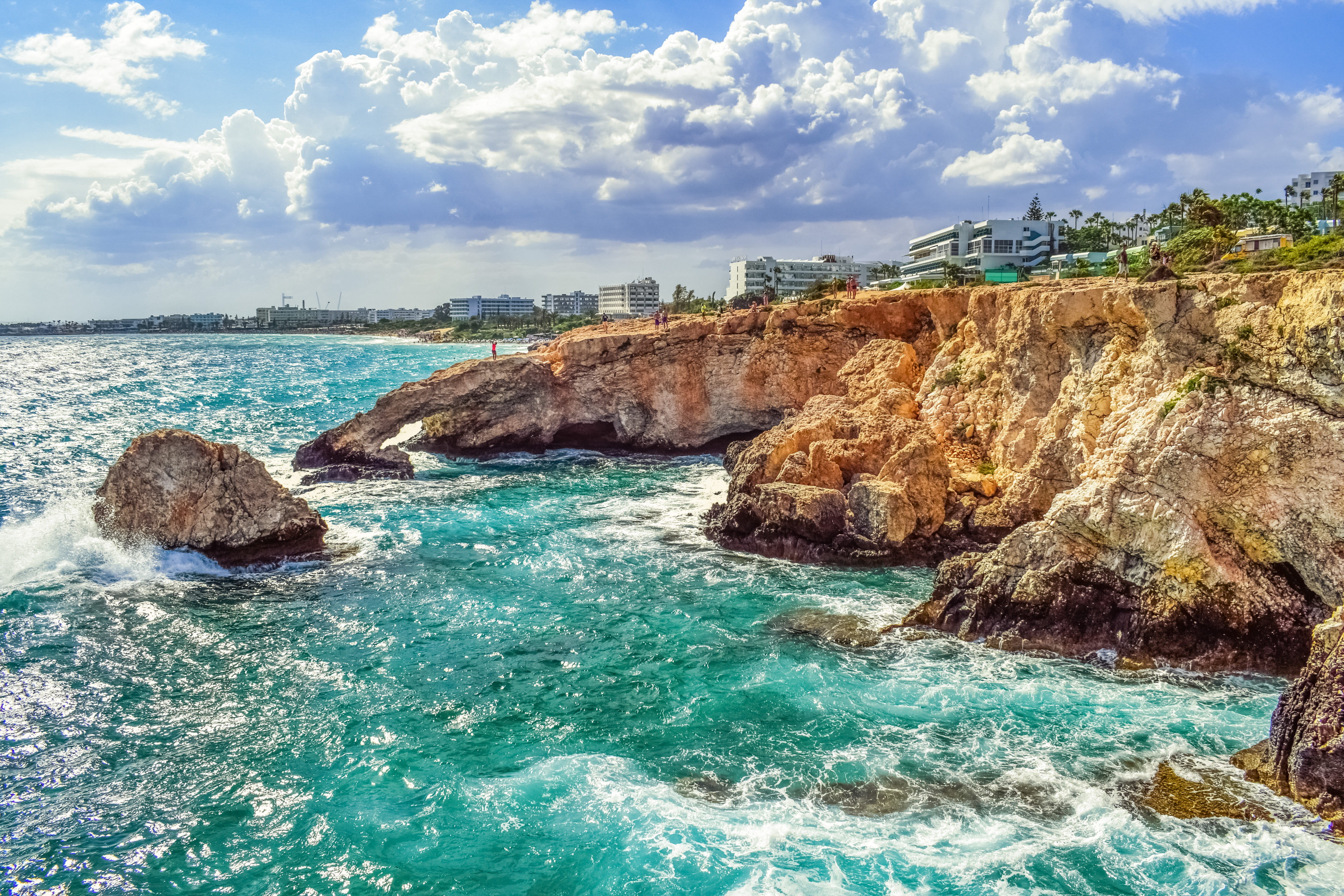 coast, light, beauty in nature, scenic, tranquility, land, Ayia Napa, Cyprus, solid, rock formation, rock - object, 5K, Panoramic, landscape, lovers bridge, HD Wallpaper