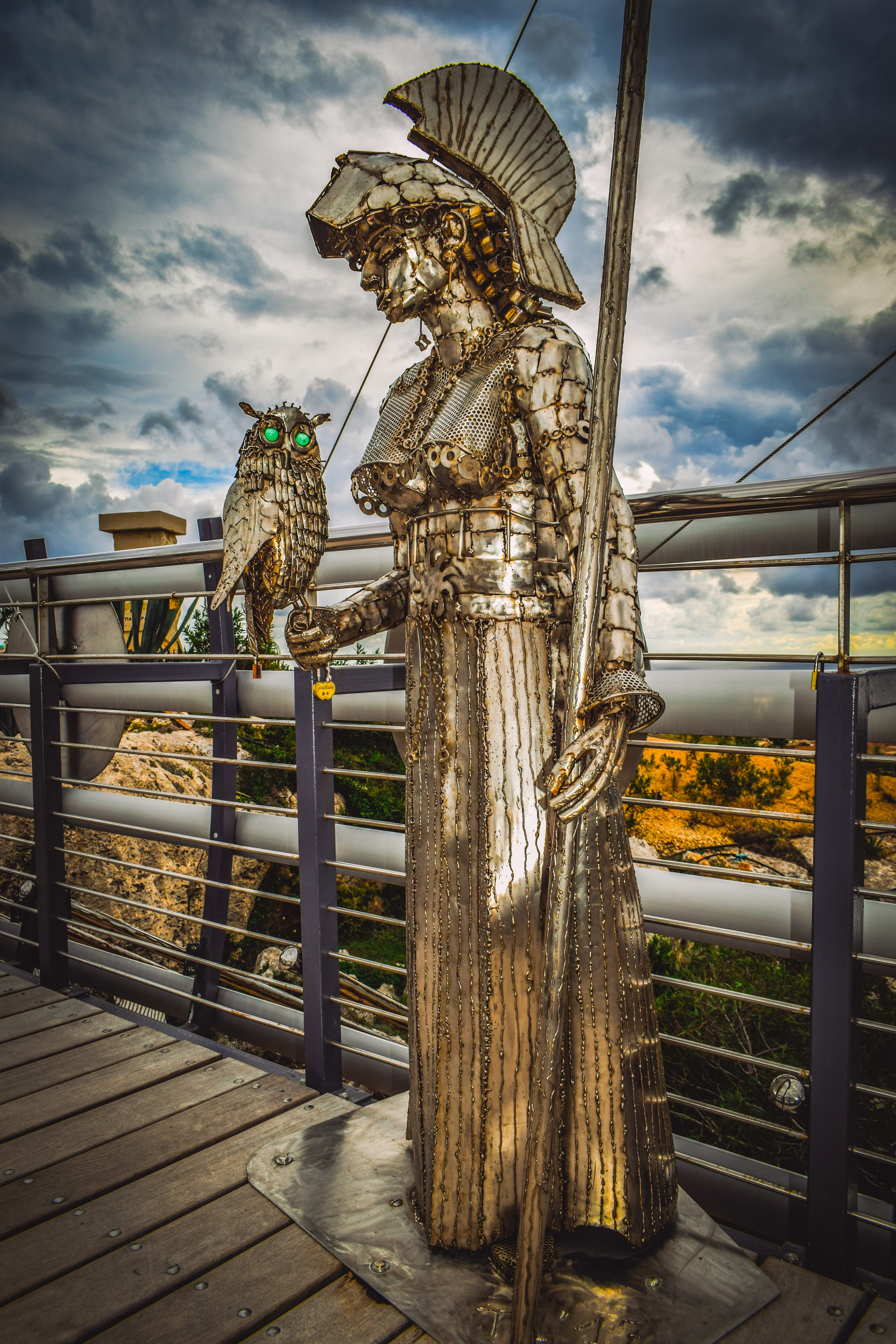 statue, mythology, travel destinations, railing, goddess, wisdom, cyprus, artwork, metallic, cloud - sky, no people, sculpture park, building exterior, Phone HD Wallpaper