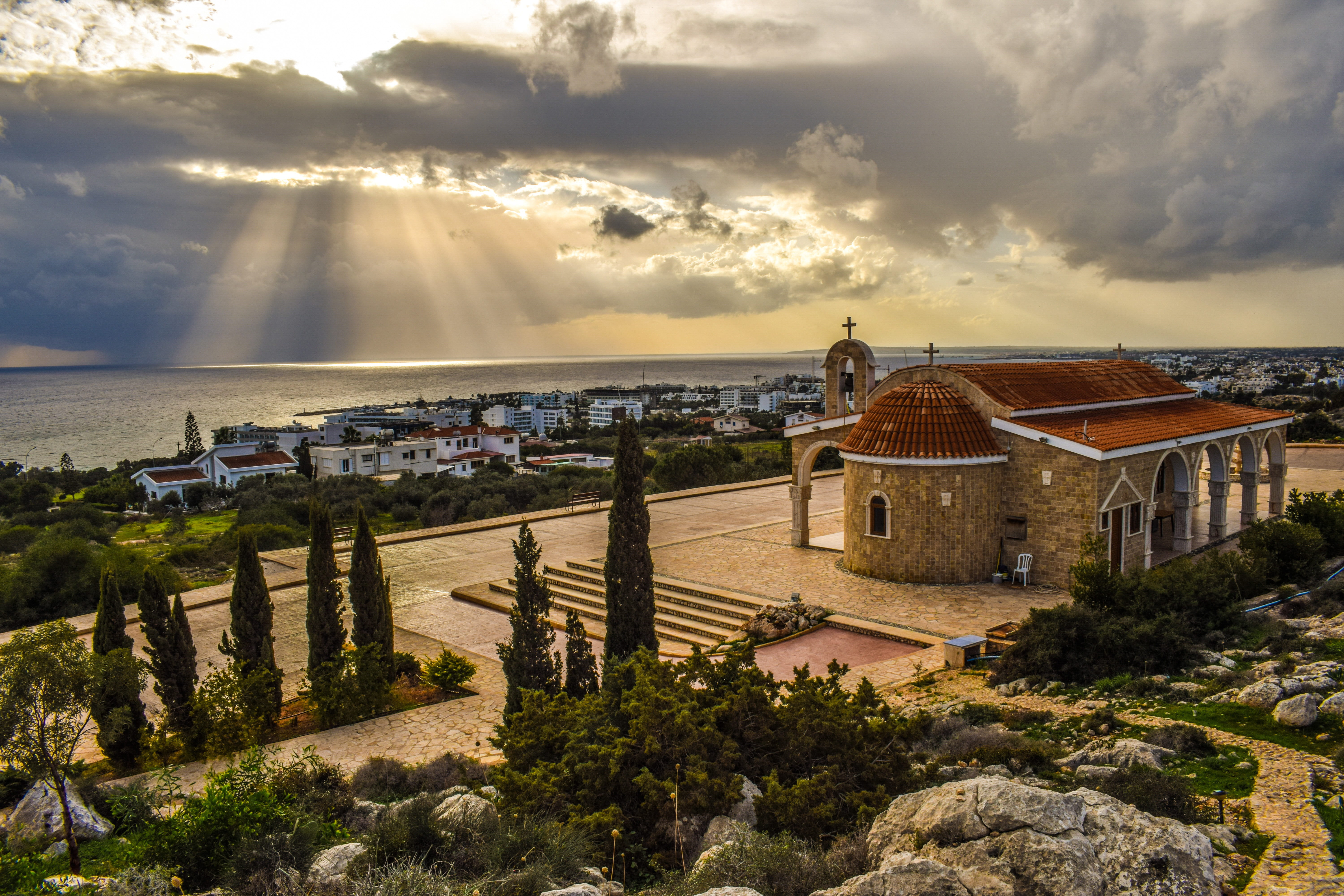 nature, built structure, high angle view, place of worship, sunset, outdoors, residential district, cloud - sky, clouds, no people, ayia napa, afternoon, HD Wallpaper