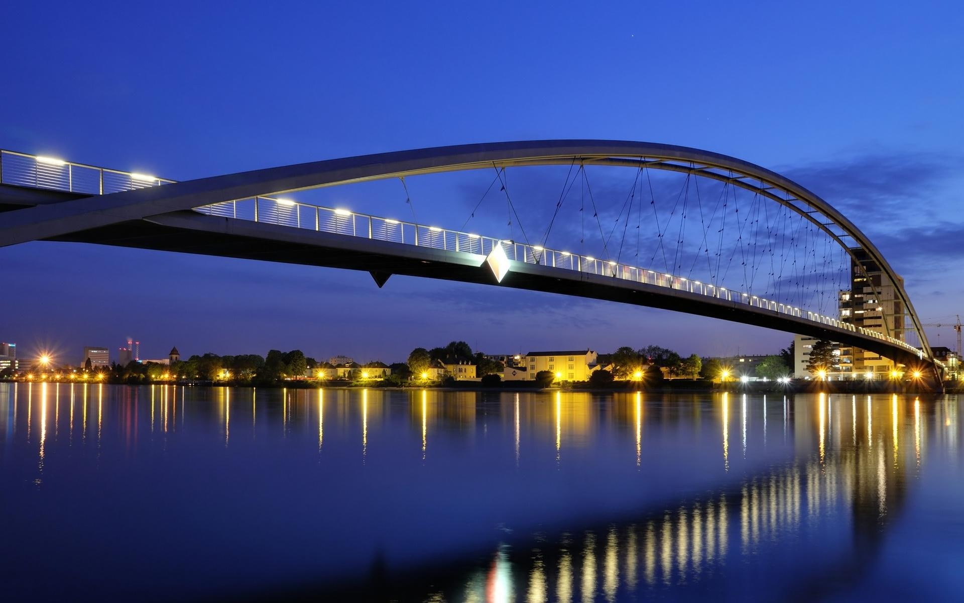 lovely, lights, pedestrian, arch, 1080P, night, bridge, nature and landscapes, river, HD Wallpaper