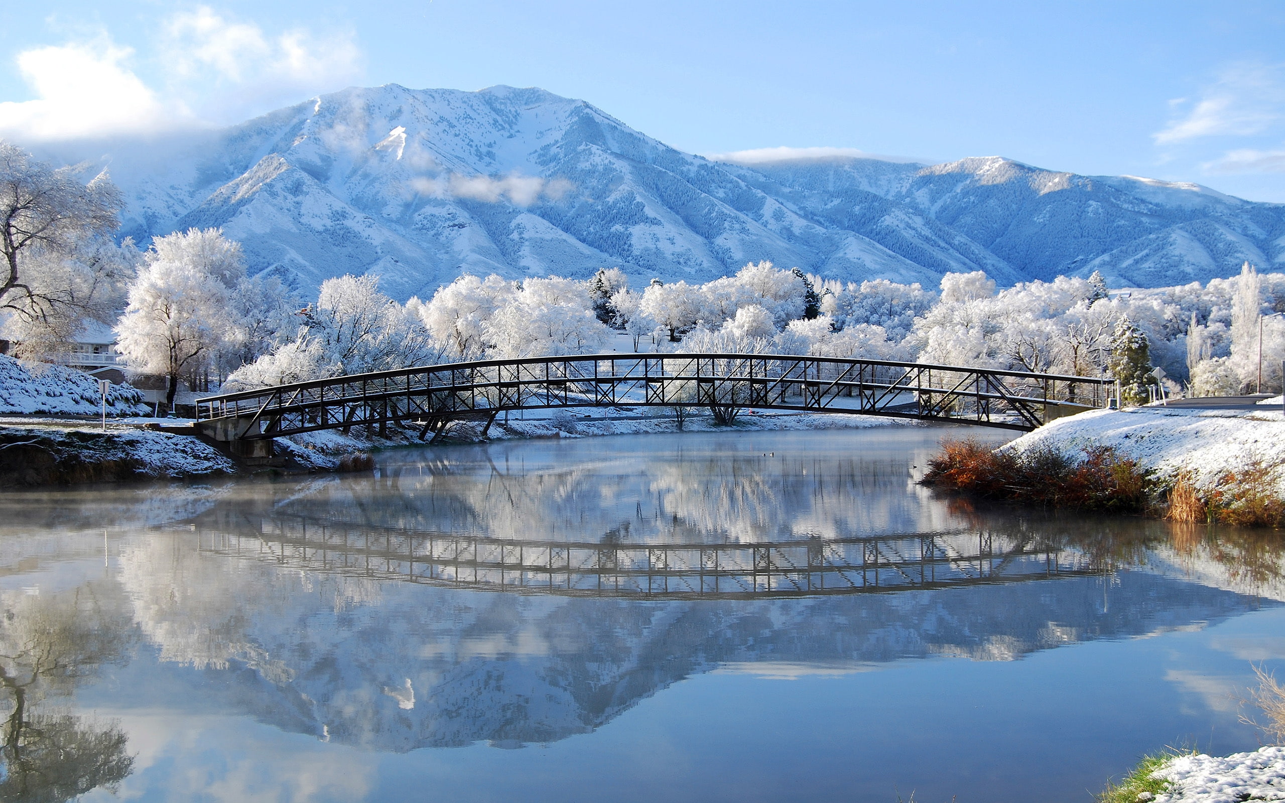 2K, snow, winter, metal, black, bridge, lake, trees, lovely, mountains, nature, HD Wallpaper
