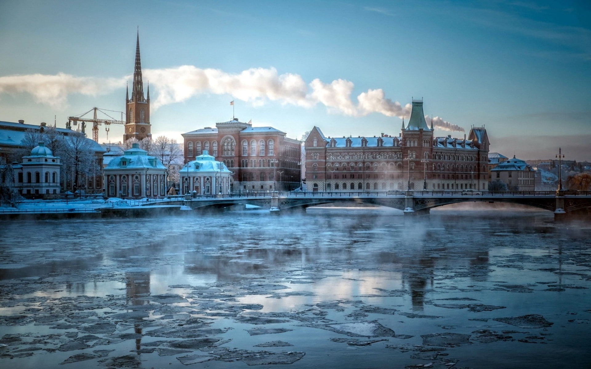 riddarholmen, 1080P, city, bridge, ice, winter, buildings, rivers, cities, stockholm, HD Wallpaper