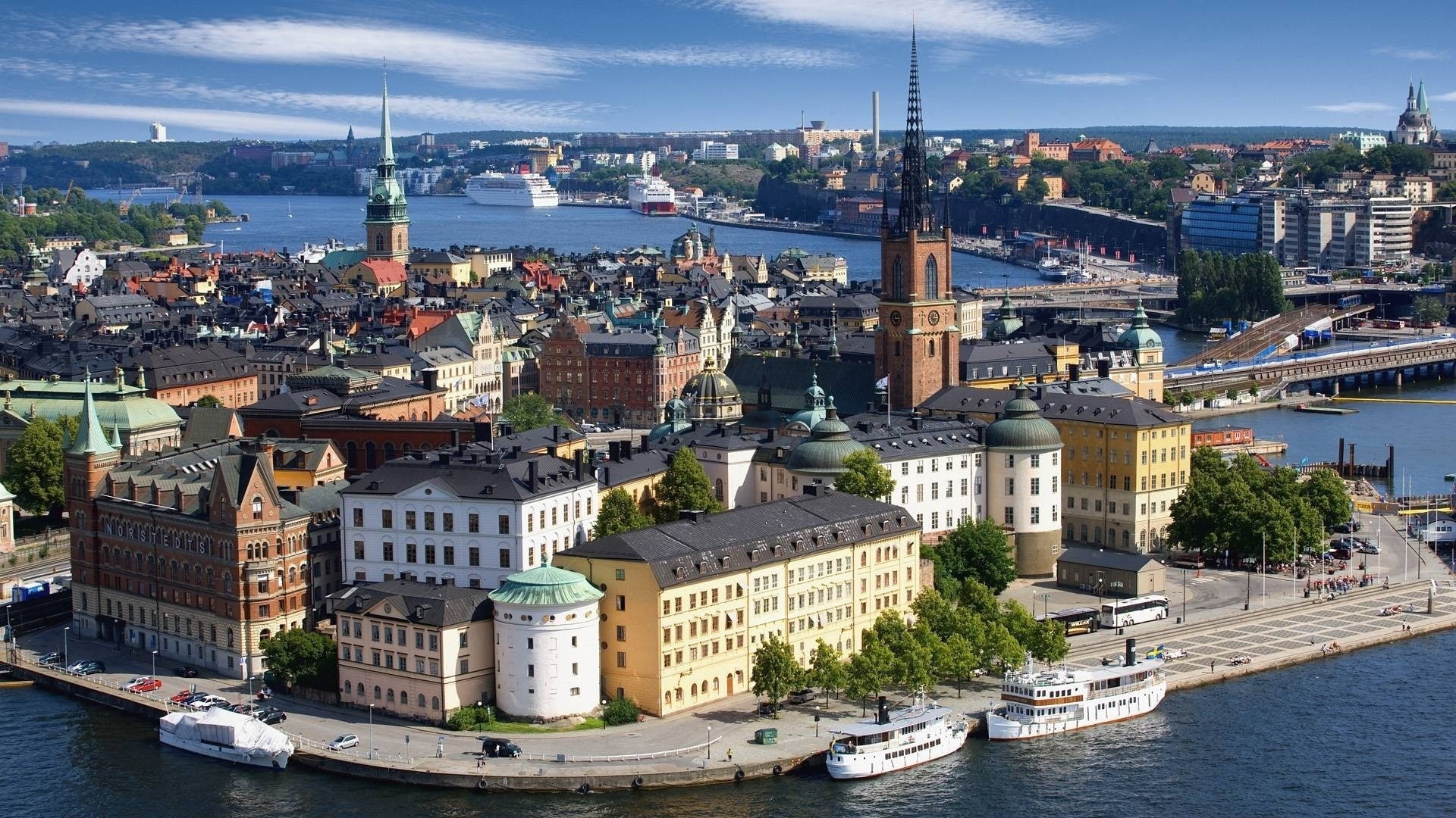 Sweden, office building exterior, travel destinations, outdoors, nautical vessel, Riddarholmen church, water, architecture, Stockholm, passenger craft, HD Wallpaper