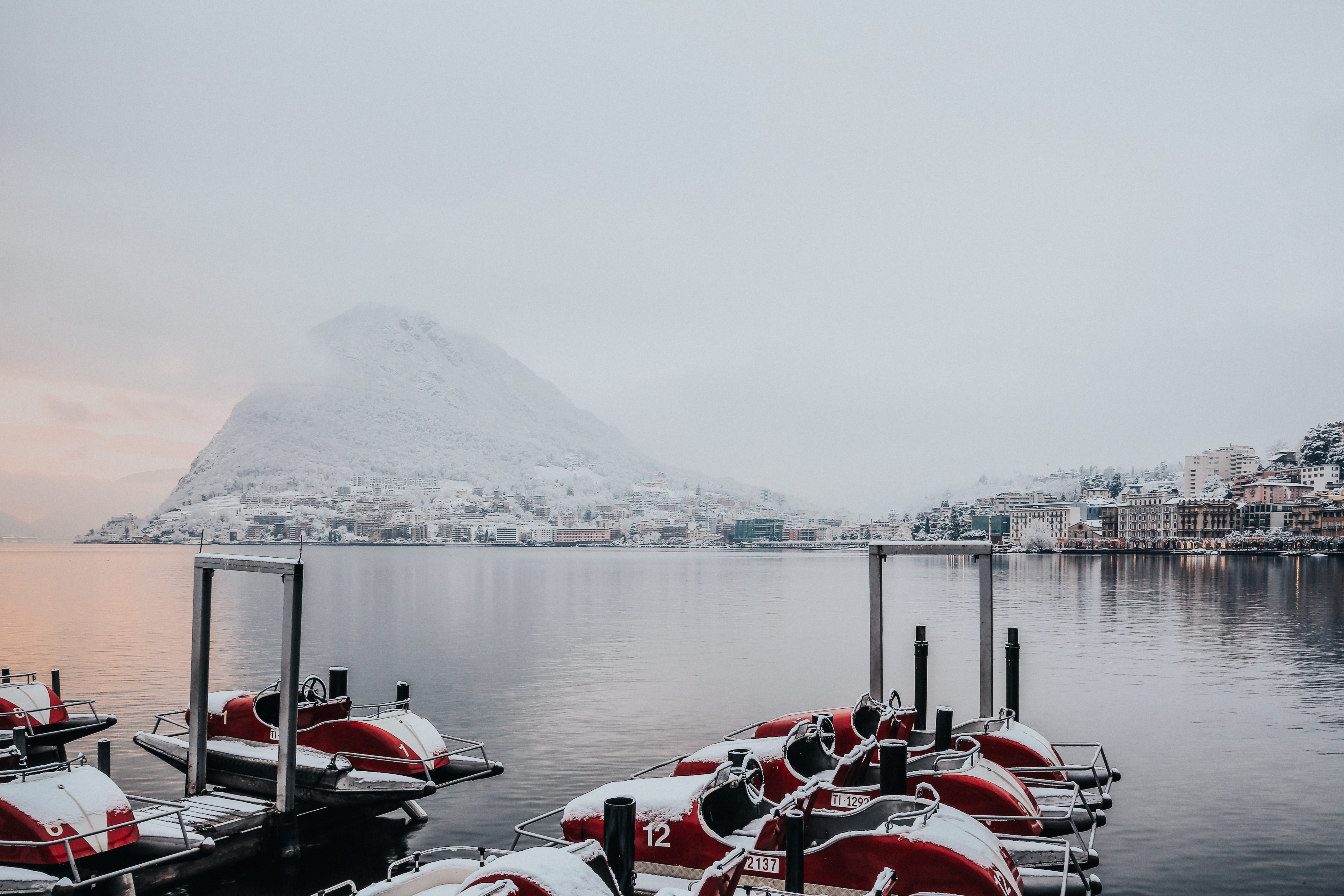 vacation, snowy, water, vehicle, snowfall, beauty in nature, foggy, boats, lake, day, fog, white, nature, sky, architecture, harbor, bay, sunset, snowing, HD Wallpaper