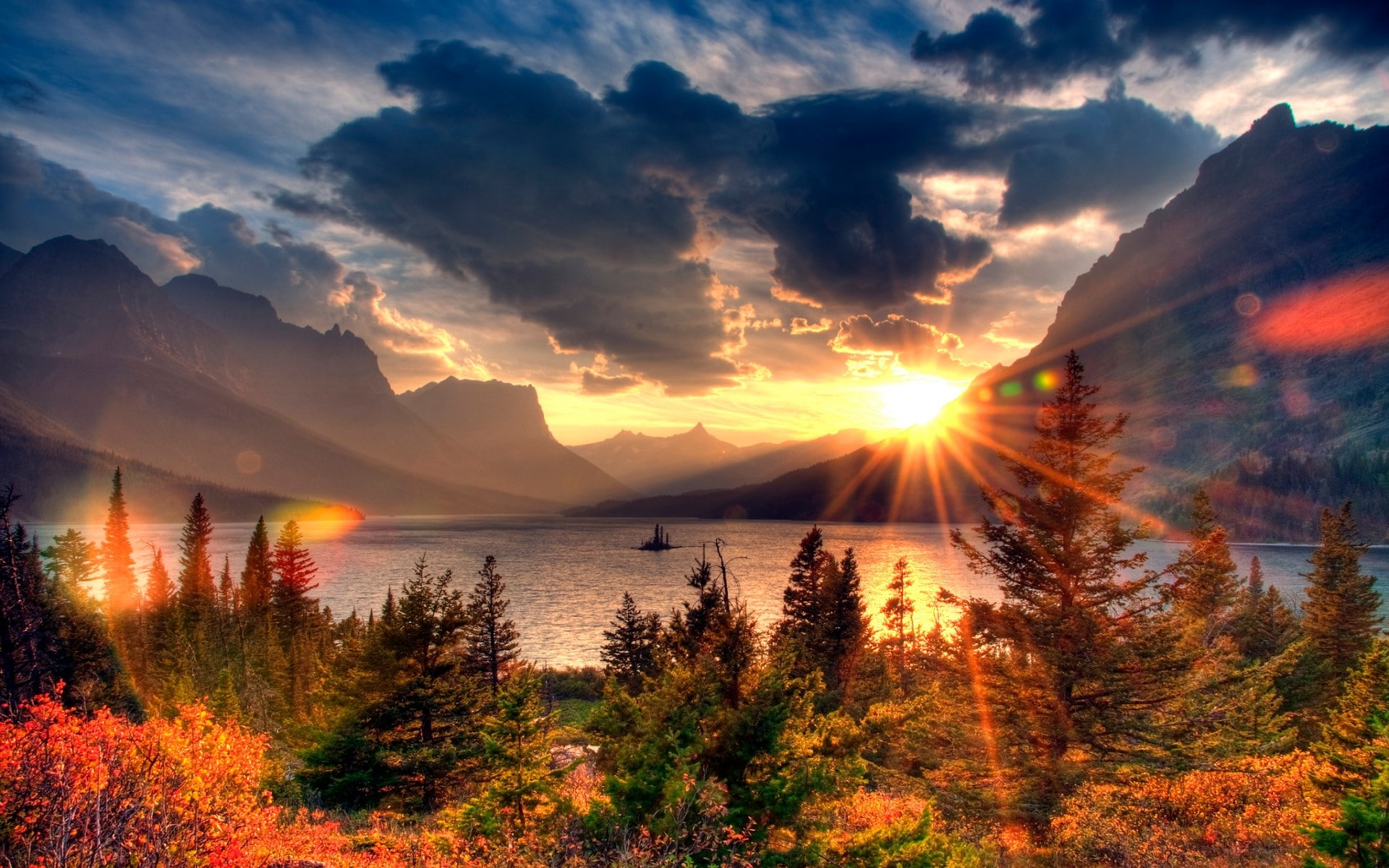 nature, tree, no people, plant, mountain, outdoors, lake, tranquility, 1080P, sun, idyllic, change, tranquil scene, lens flare, sunlight, scenics - nature, HD Wallpaper