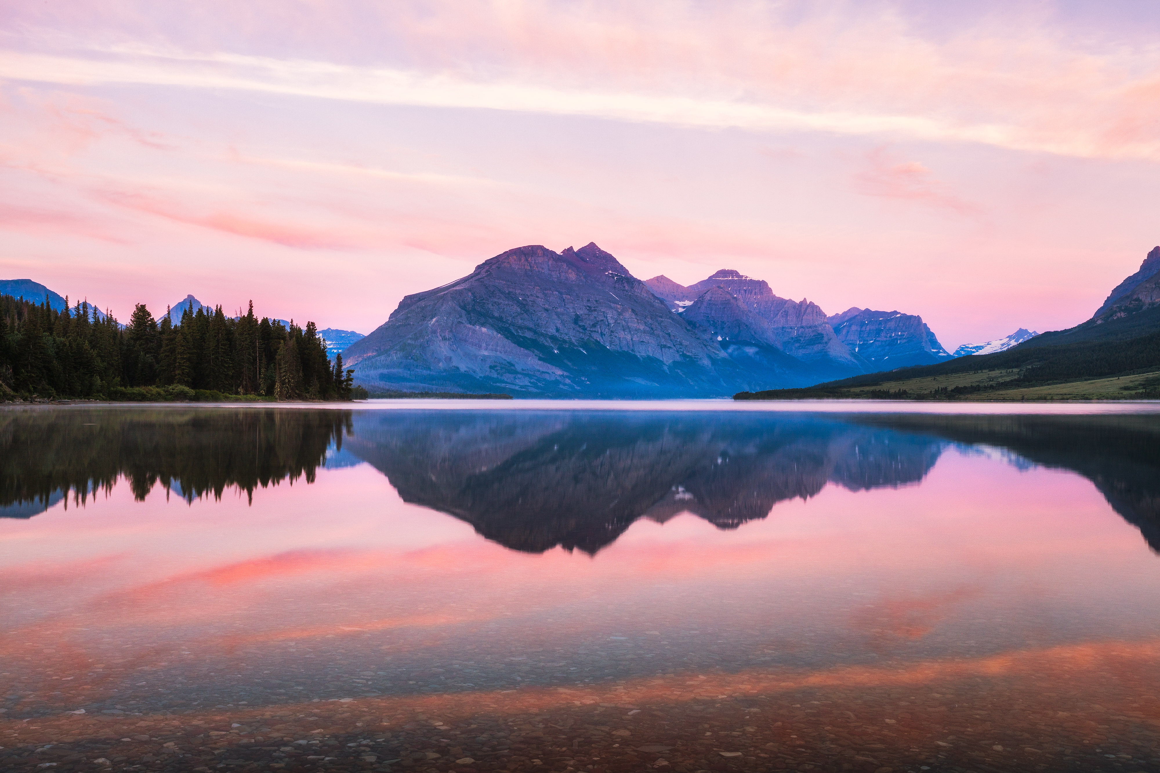 trees, sky, lake, Glacier National Park, cloudy, mountain, 4K, white, beside, 4K, daytime, Saint Mary Lake, HD Wallpaper