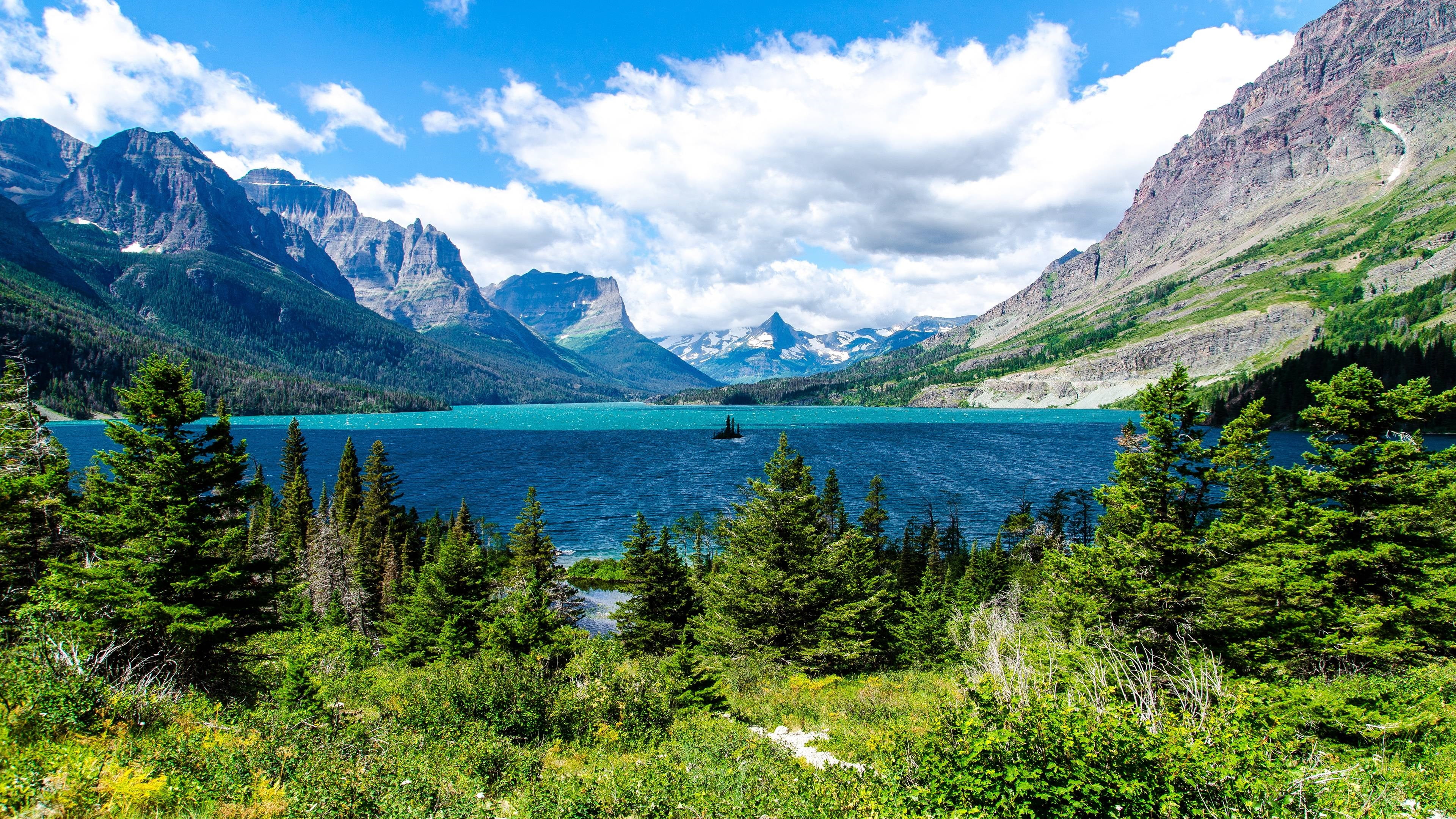 sky, outdoors, mountain, formation, usa, nature, turquoise colored, saint mary lake, mountain peak, lake, wilderness, tree, tranquil scene, non-urban scene, HD Wallpaper