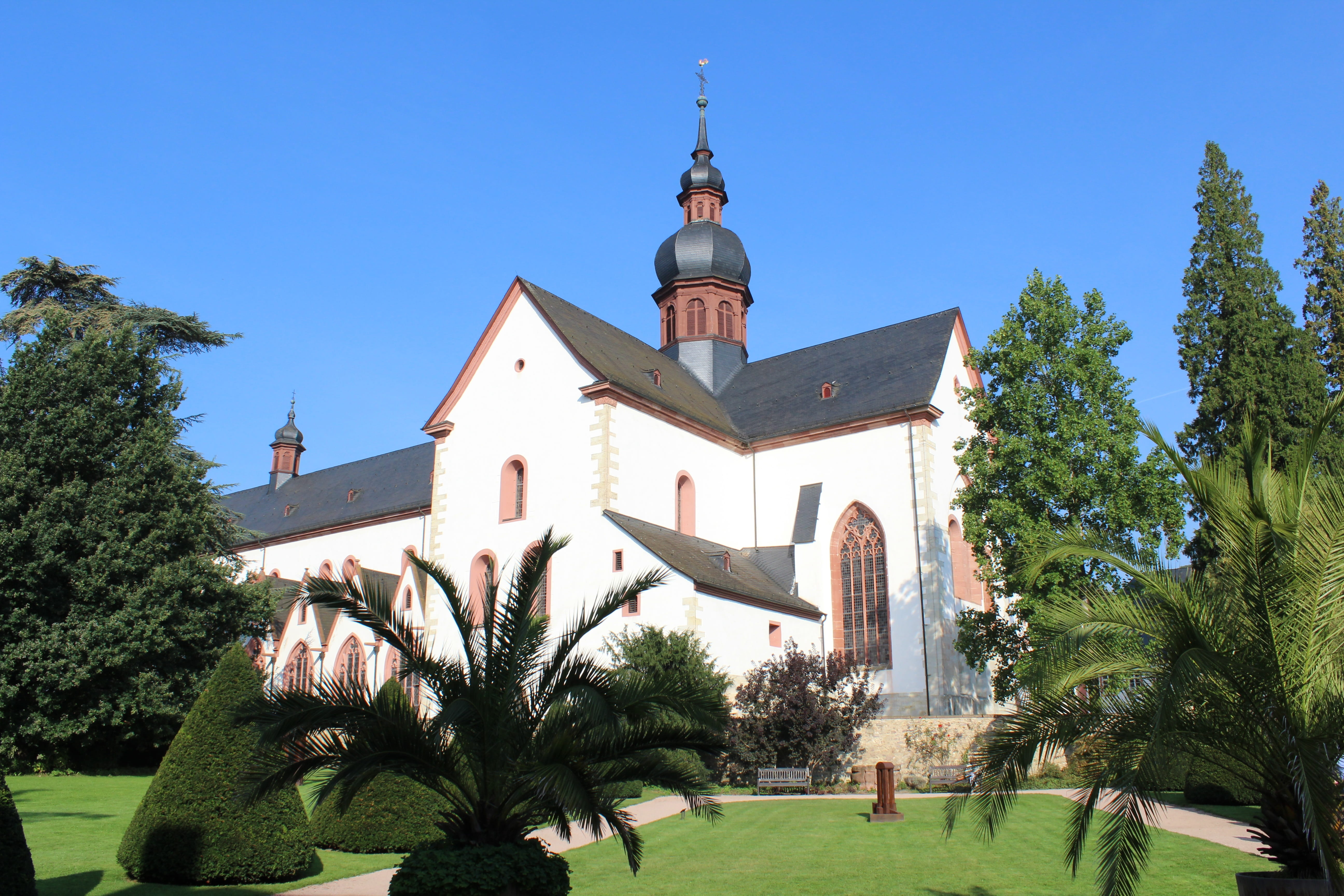 spire, deutschland, rheingau, kloster, courtyard, dome, plant, monastery, nature, day, religion, architecture, spirituality, 5K, location, connery, front or back yard, HD Wallpaper
