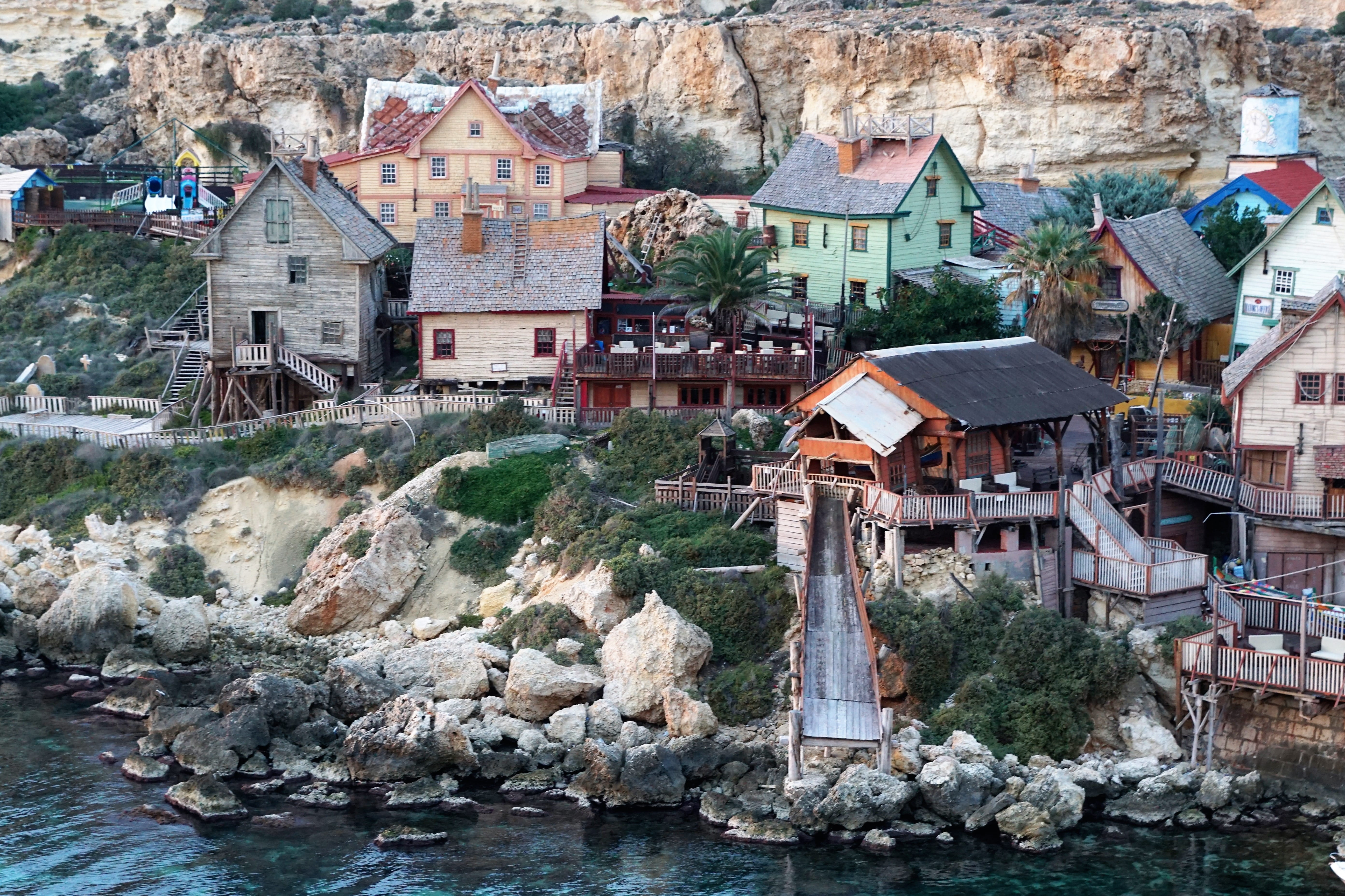 building exterior, film, 5K, popeye village, residential district, built structure, water wheel, Malta, booked, anchor bay, Nature, location, solid, rustic, HD Wallpaper