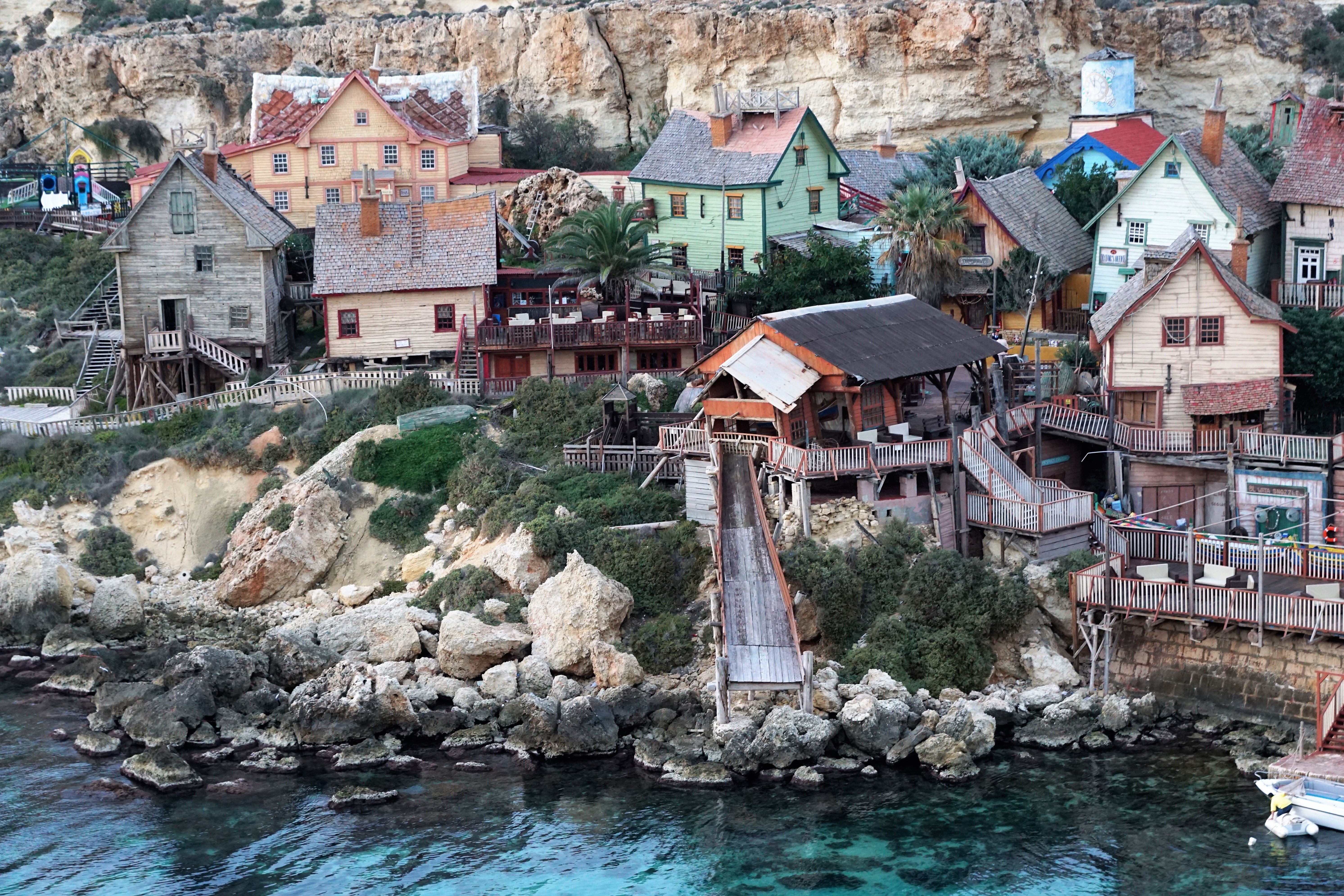 building exterior, wooden, house, built structure, no people, day, mountain, building, popeye village, nature, residential district, tree, village, outdoors, HD Wallpaper