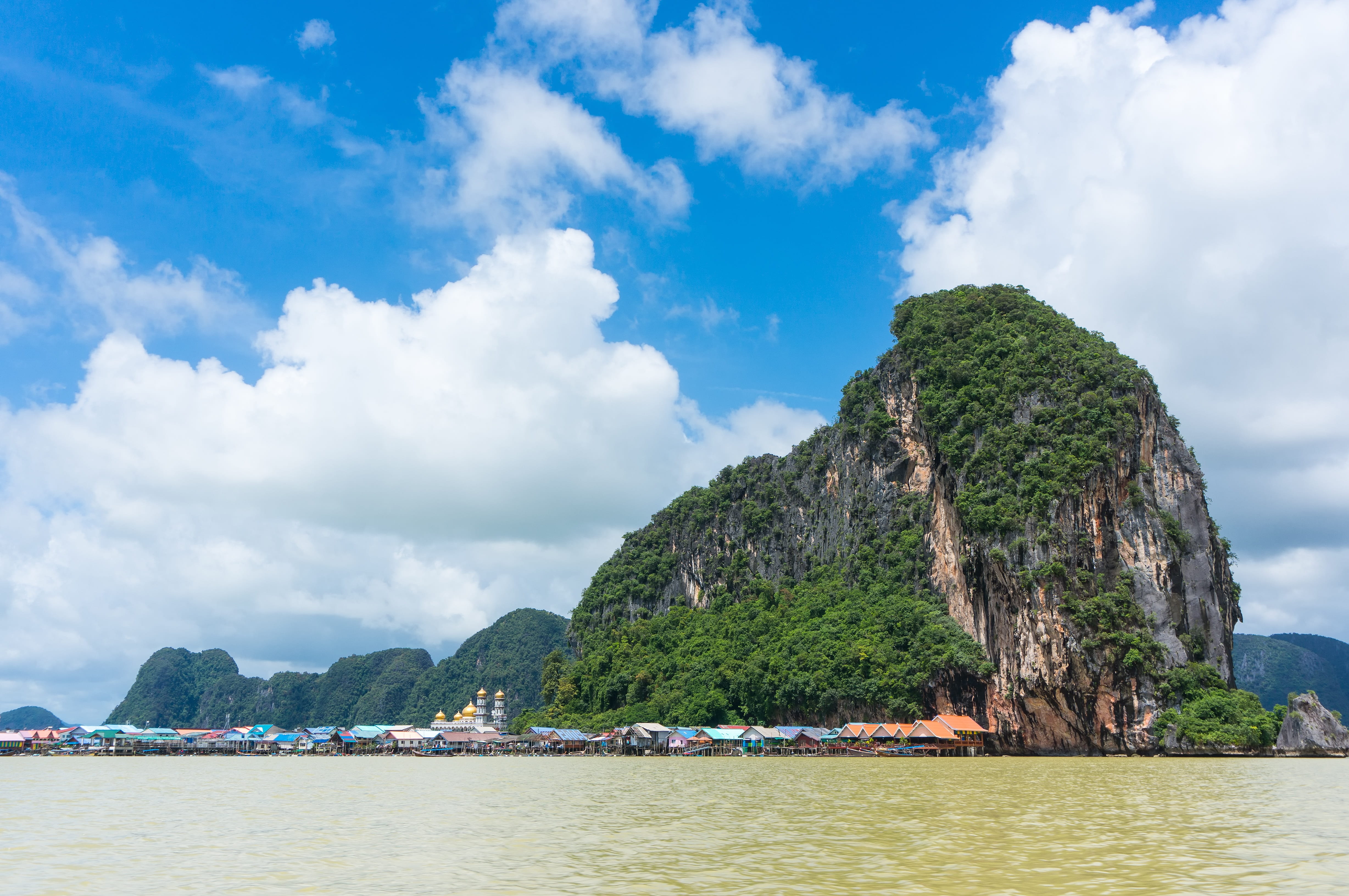 cloudy, mountain, trees, tranquil scene, ocean, seascape, waterfront, landscape, yacht, solid, tranquility, beach, rock, summer, bay, day, phang nga bay, HD Wallpaper