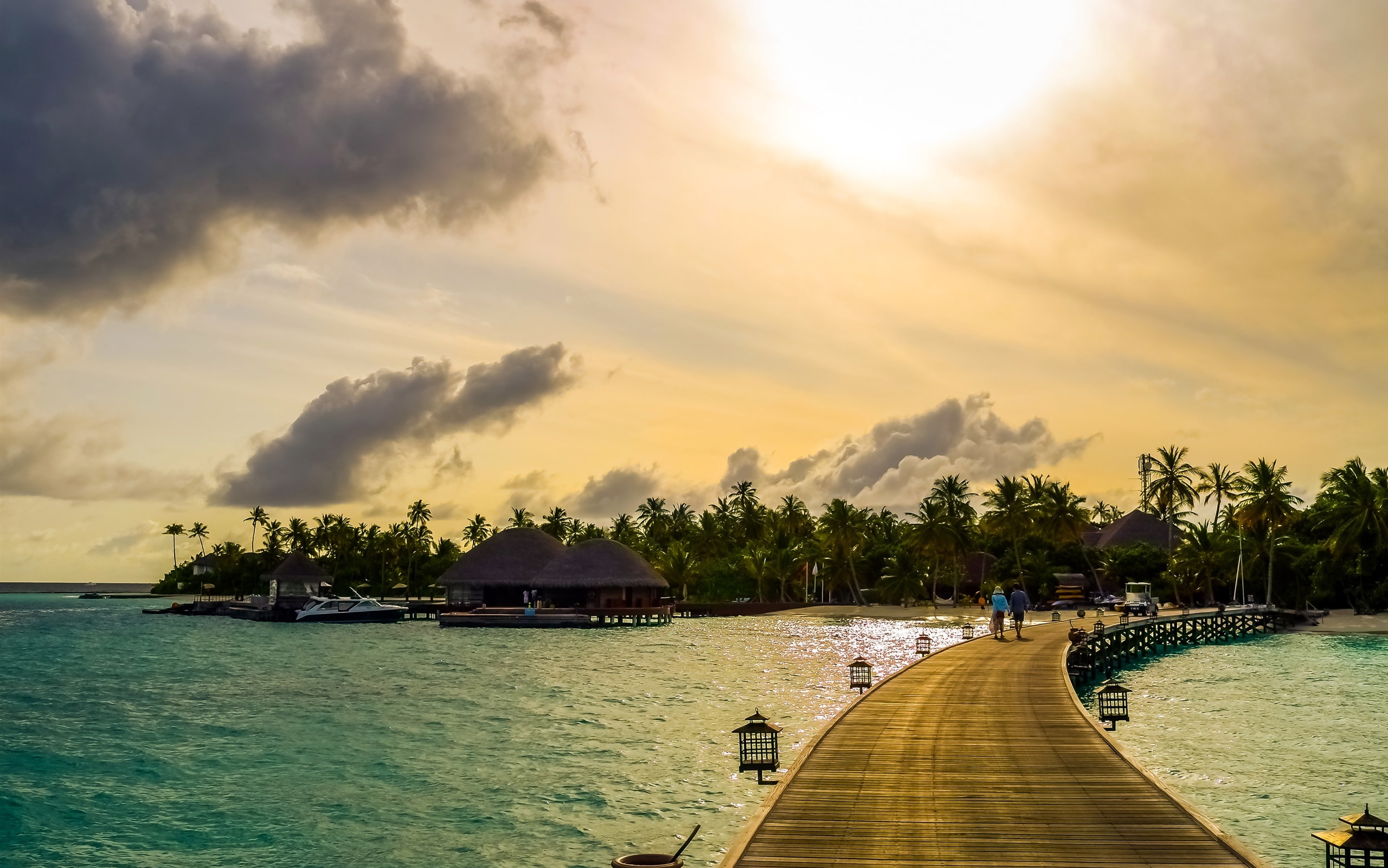 2K, Boats, Bridge, Sea, Maldives, Trees, Tropical, Houses, Palm, HD Wallpaper