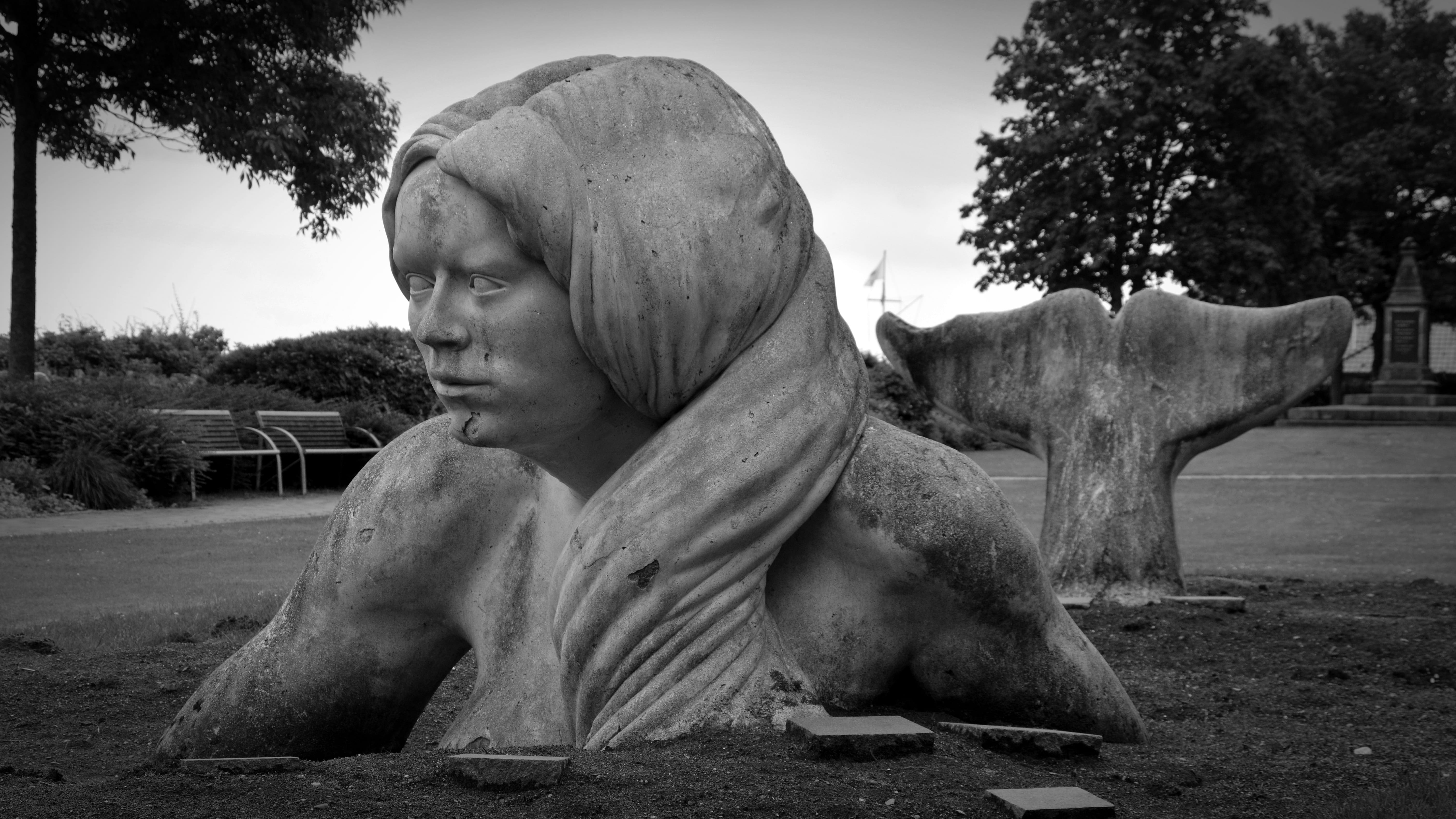 representation, statue, lifestyles, tree, looking away, nature, sculpture, sky, mermaid, real people, one person, art and craft, day, portrait, 5K, park, HD Wallpaper