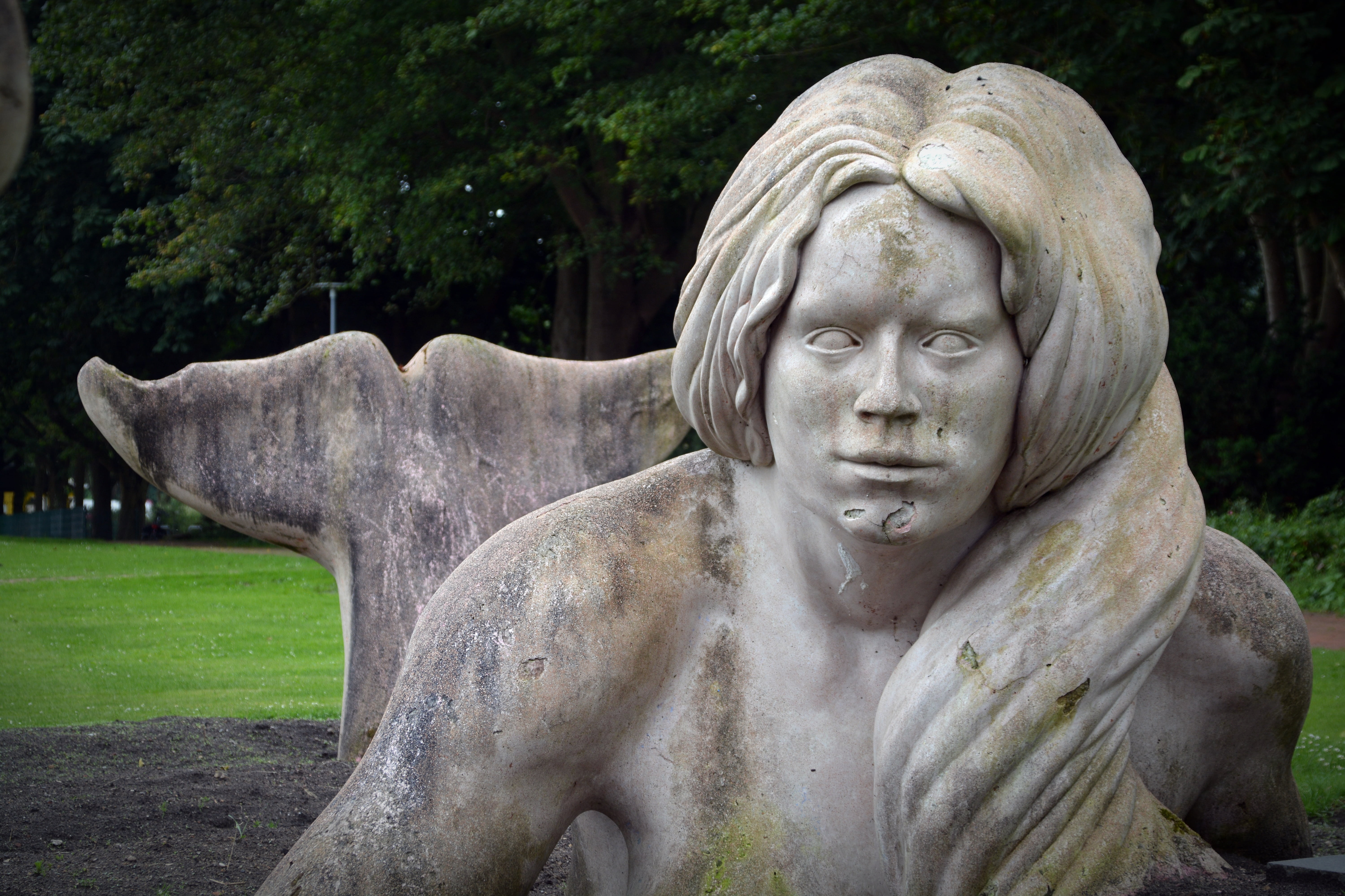 mermaid, statue, male likeness, figure, plant, outdoors, representation, depression - sadness, day, creativity, sculpture, marble, stone material, solid, HD Wallpaper