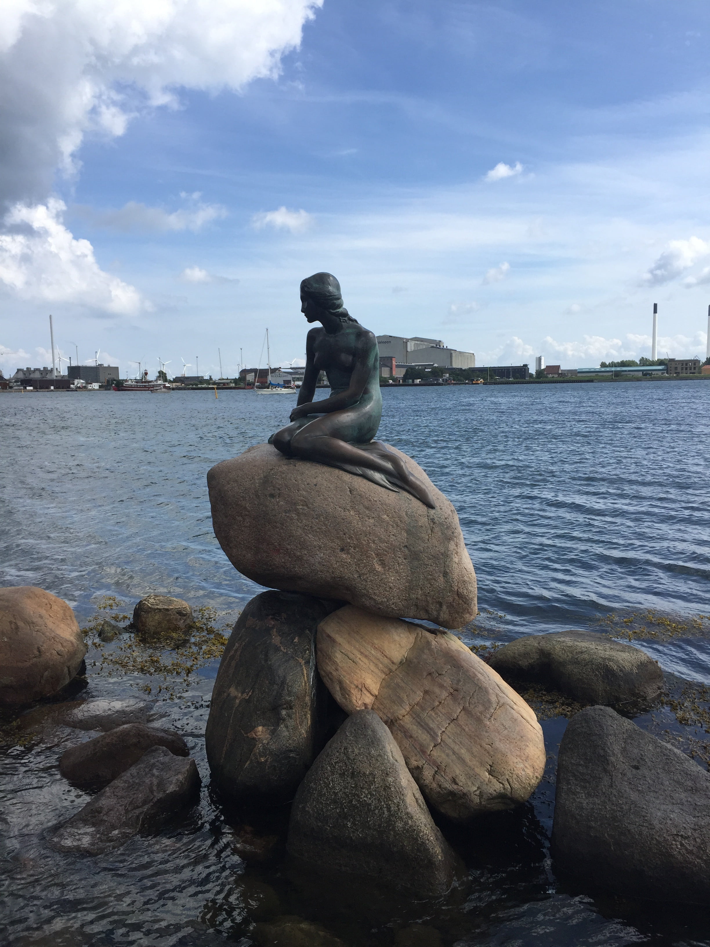 harbor, statue, human representation, famous, representation, travel, cloud - sky, little, mermaid, art and craft, denmark, beauty in nature, sea, rock, Phone HD Wallpaper
