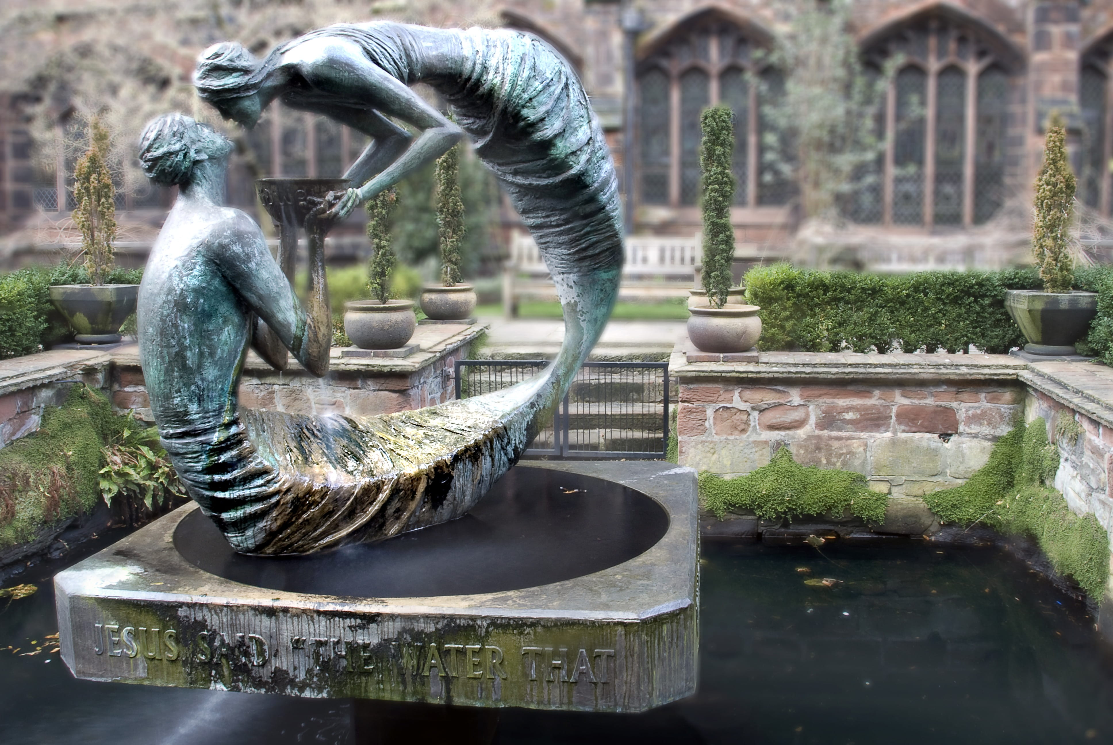 construction, Woman, artwork, art, mermaid, building exterior, Figure, Love, built structure, flowing water, Sculpture, plant, gray, love, spraying, architecture, HD Wallpaper