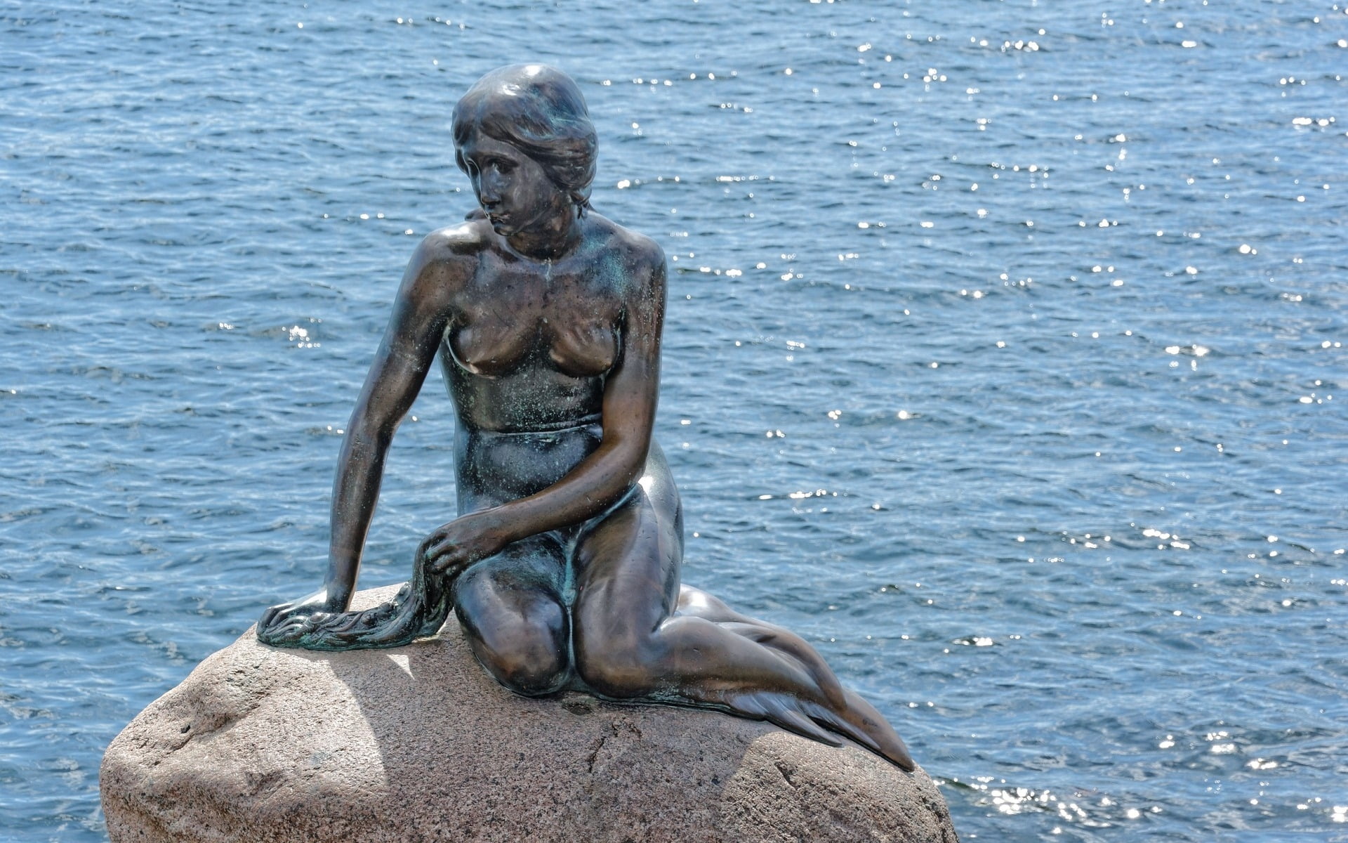 statue, no people, water, sitting, vertebrate, Copenhagen, art and craft, sea, sculpture, human representation, outdoors, Denmark, Little Mermaid, animals in the wild, HD Wallpaper