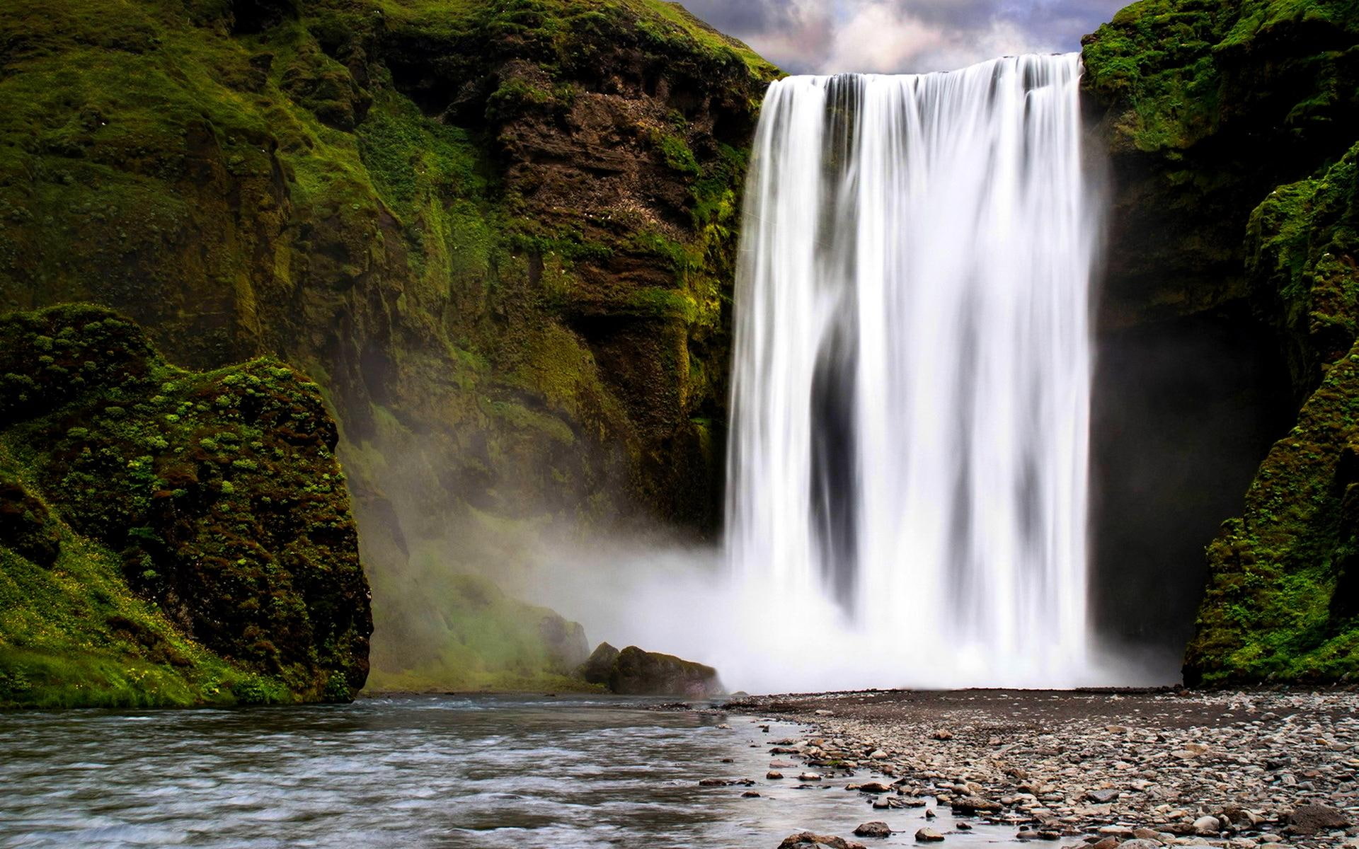water, falls, 1080P, mountain, great, nature and landscapes, rock, river, waterfalls, forest, HD Wallpaper