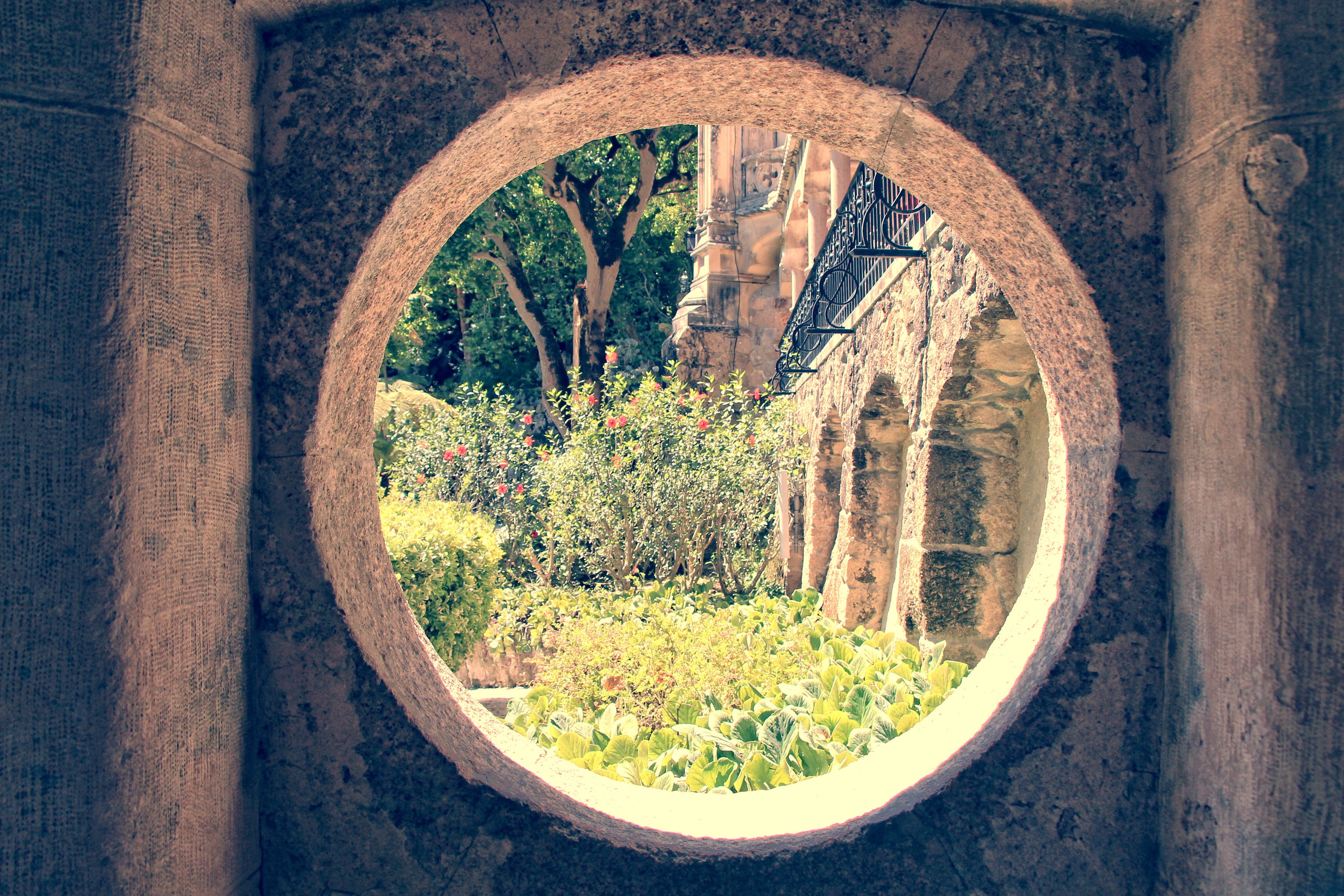 built structure, history, reflection, plant, 2K, regaleira, nature, close-up, garden, lisbon, no people, shape, palace, window, wall, architecture, geometric shape, HD Wallpaper