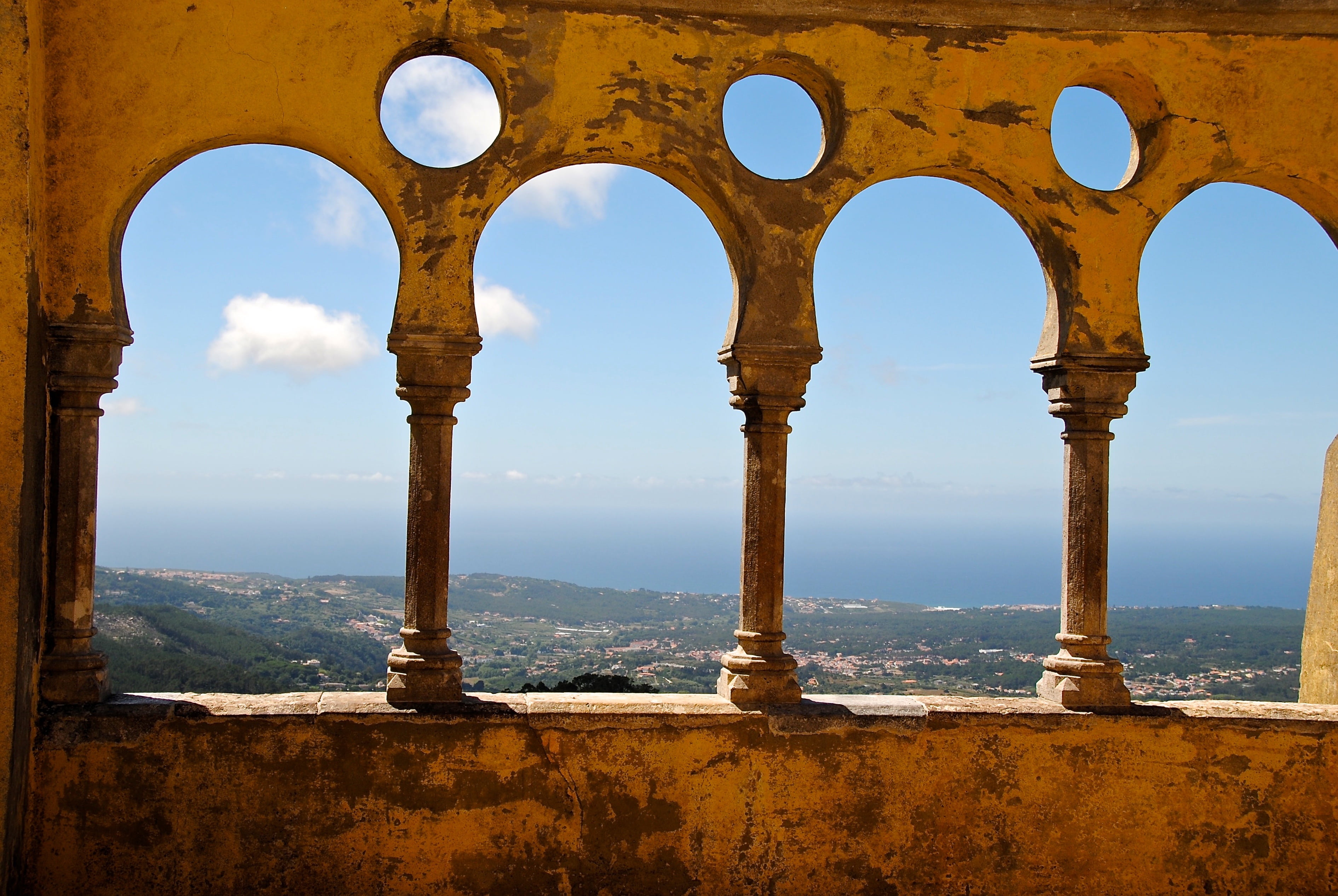 built structure, balcony, arch, mountain, portugal, nature, fortress, beige, terrace, arched, photo, sea, tower, the past, outdoors, building, 2K, architectural column, HD Wallpaper