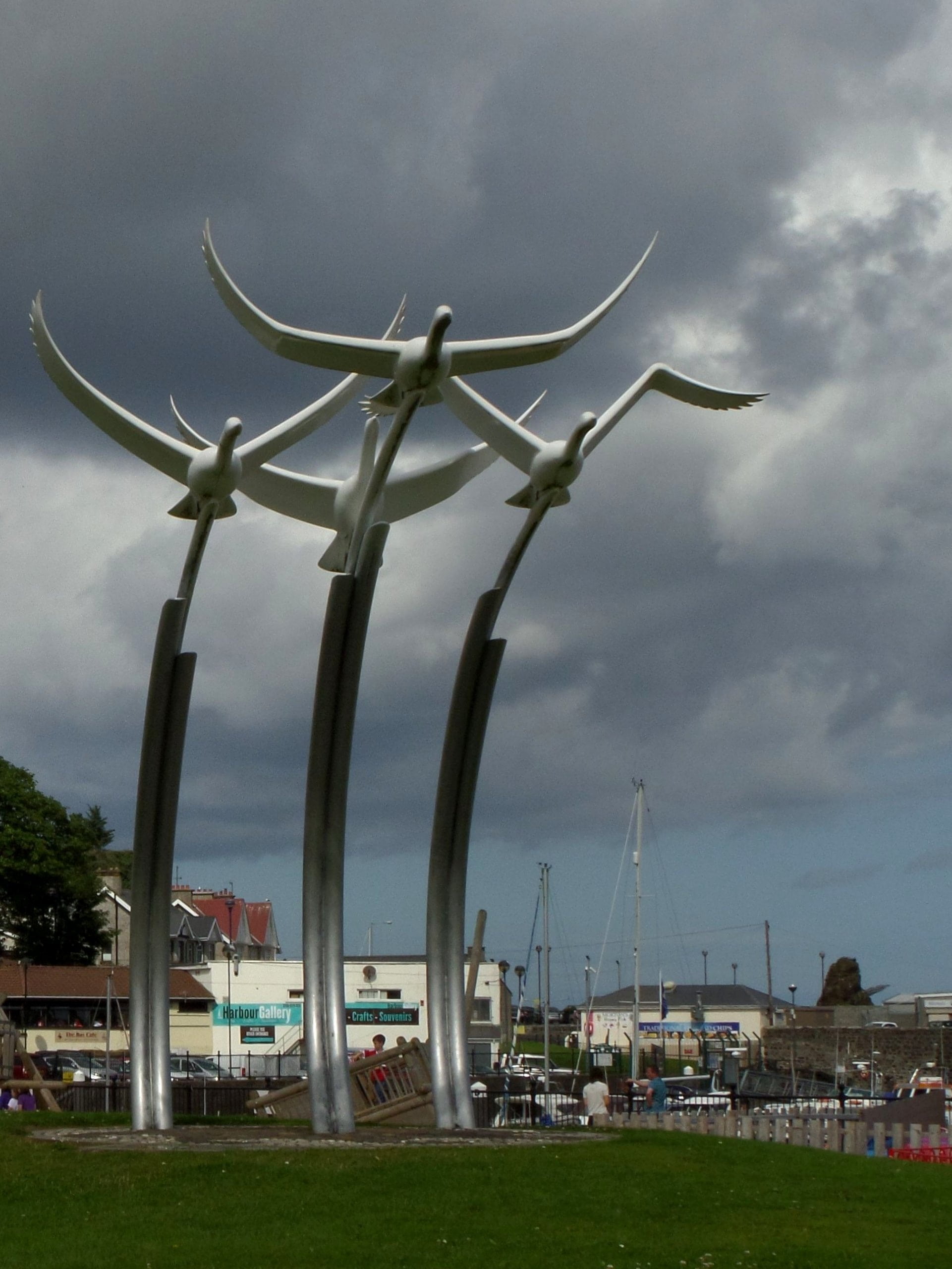 transportation, city, mode of transportation, outdoors, monument, wind, overcast, building exterior, sky, wind Turbine, ballycastle, 2K, birds, northern ireland, Phone HD Wallpaper