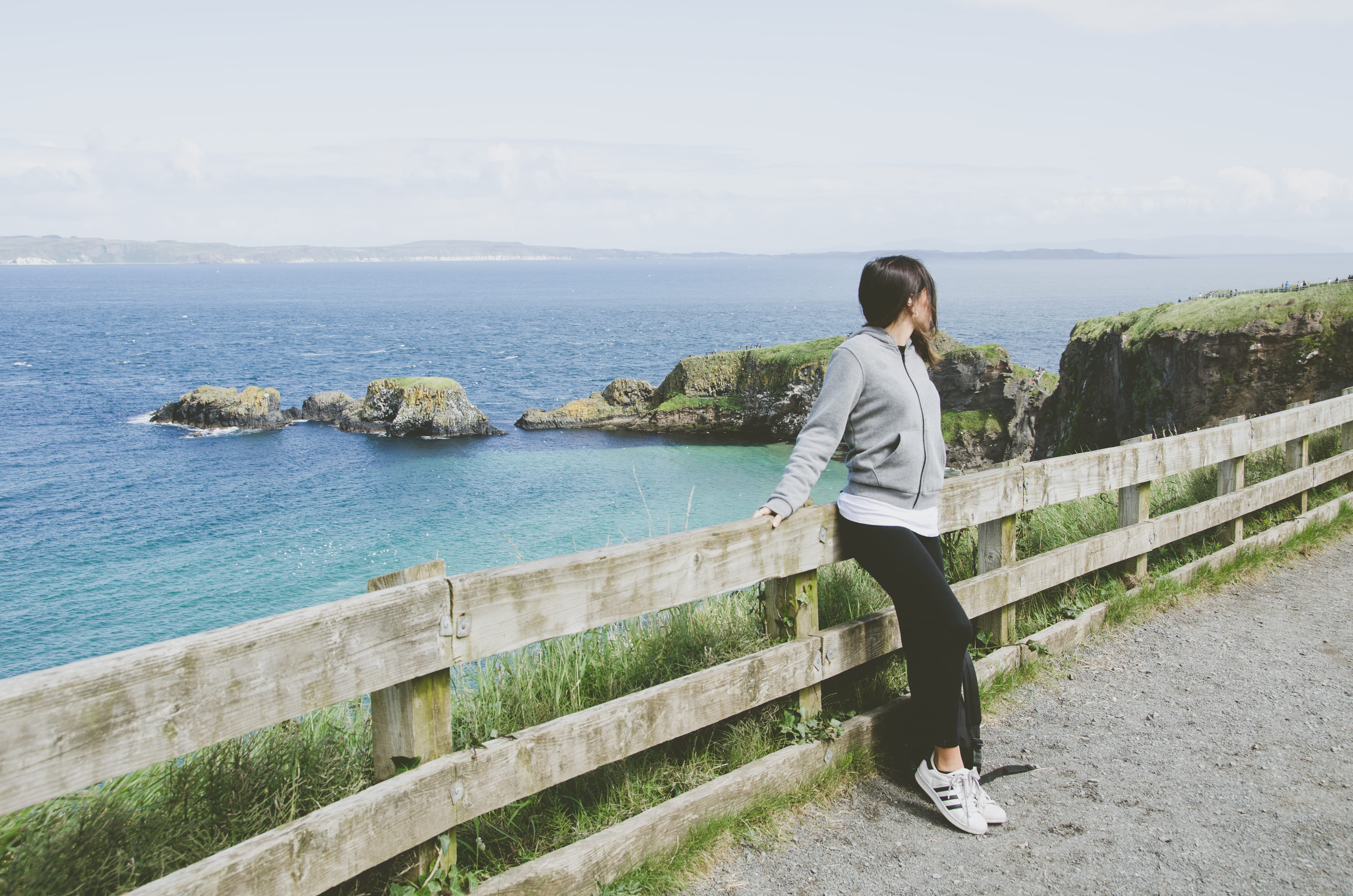 one person, non-urban scene, real people, day, railing, northern ireland - carrick-a-rede, looking at view, ballycastle, hairstyle, lifestyles, full length, HD Wallpaper