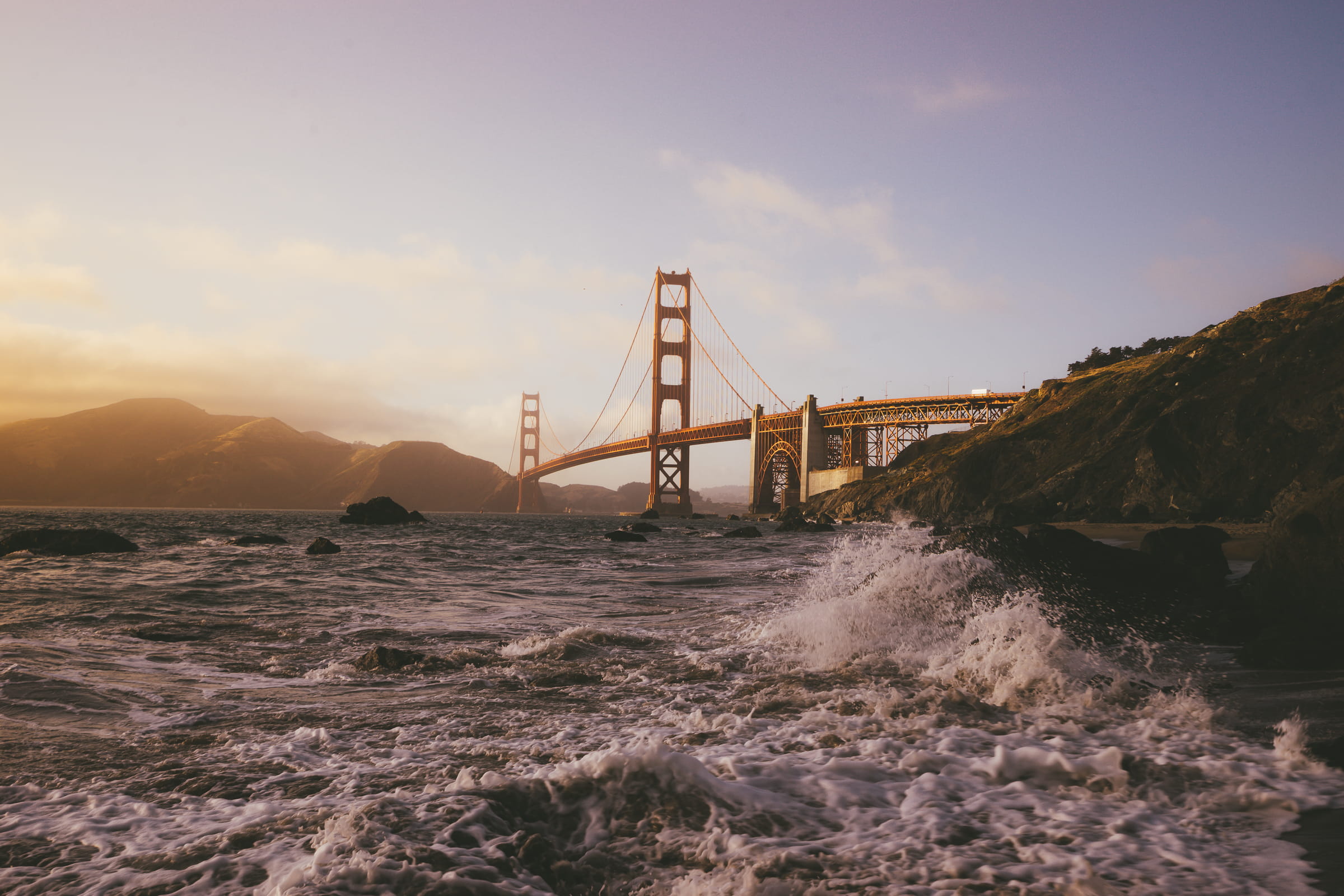 sky, bridge, water, secret beach, architecture, sea, tourism, rocks, bridge - man made structure, suspension bridge, built structure, long, golden gate bridge, HD Wallpaper