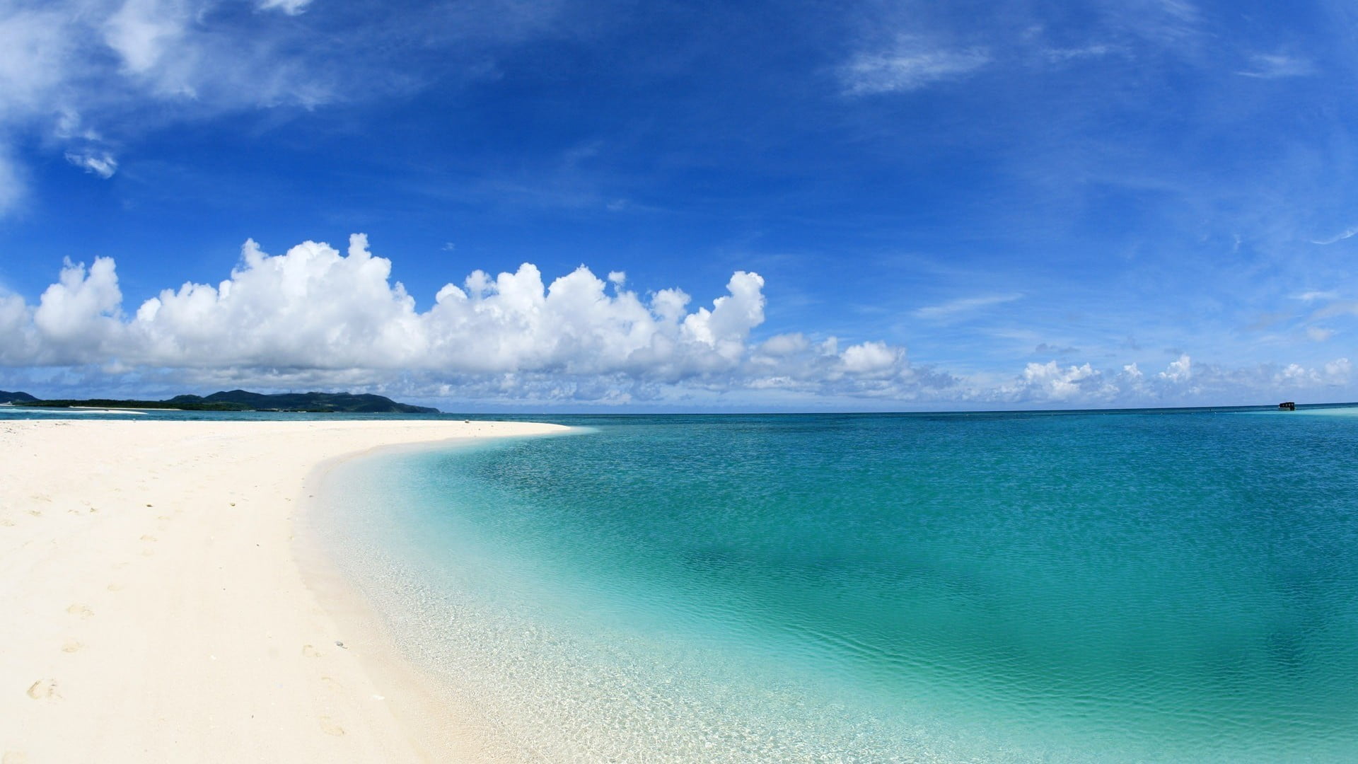 blue, tranquil scene, lagoon, 1080P, horizon over water, idyllic, beach, turquoise colored, nature, sand, horizon, no people, beauty in nature, land, day, HD Wallpaper