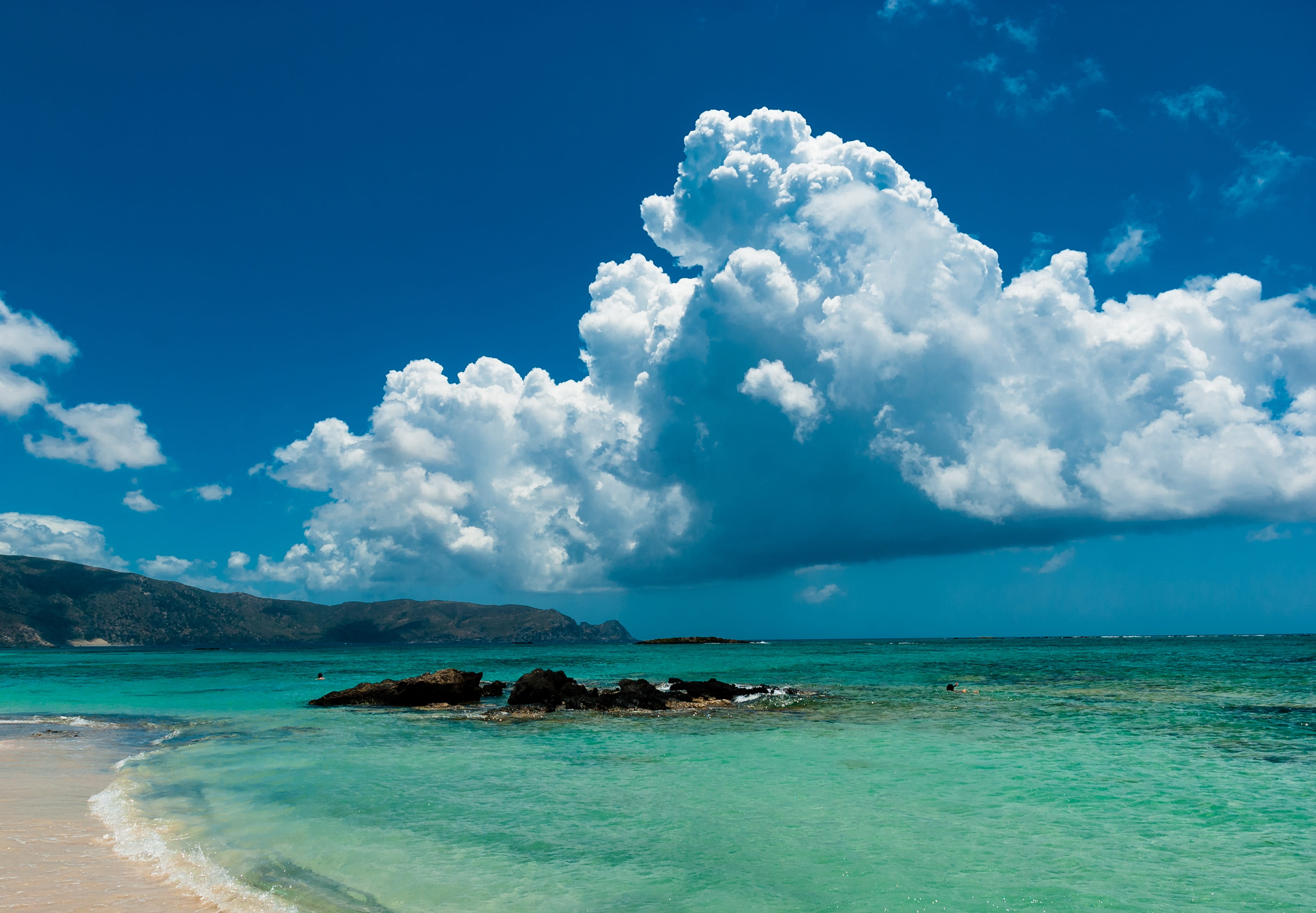 Sun, nature, greece, day, Elafonisi, island, holiday, 2K, outdoors, tranquility, Holidays, idyllic, the stones, Crete, beach, water, clouds, land, landscape, HD Wallpaper
