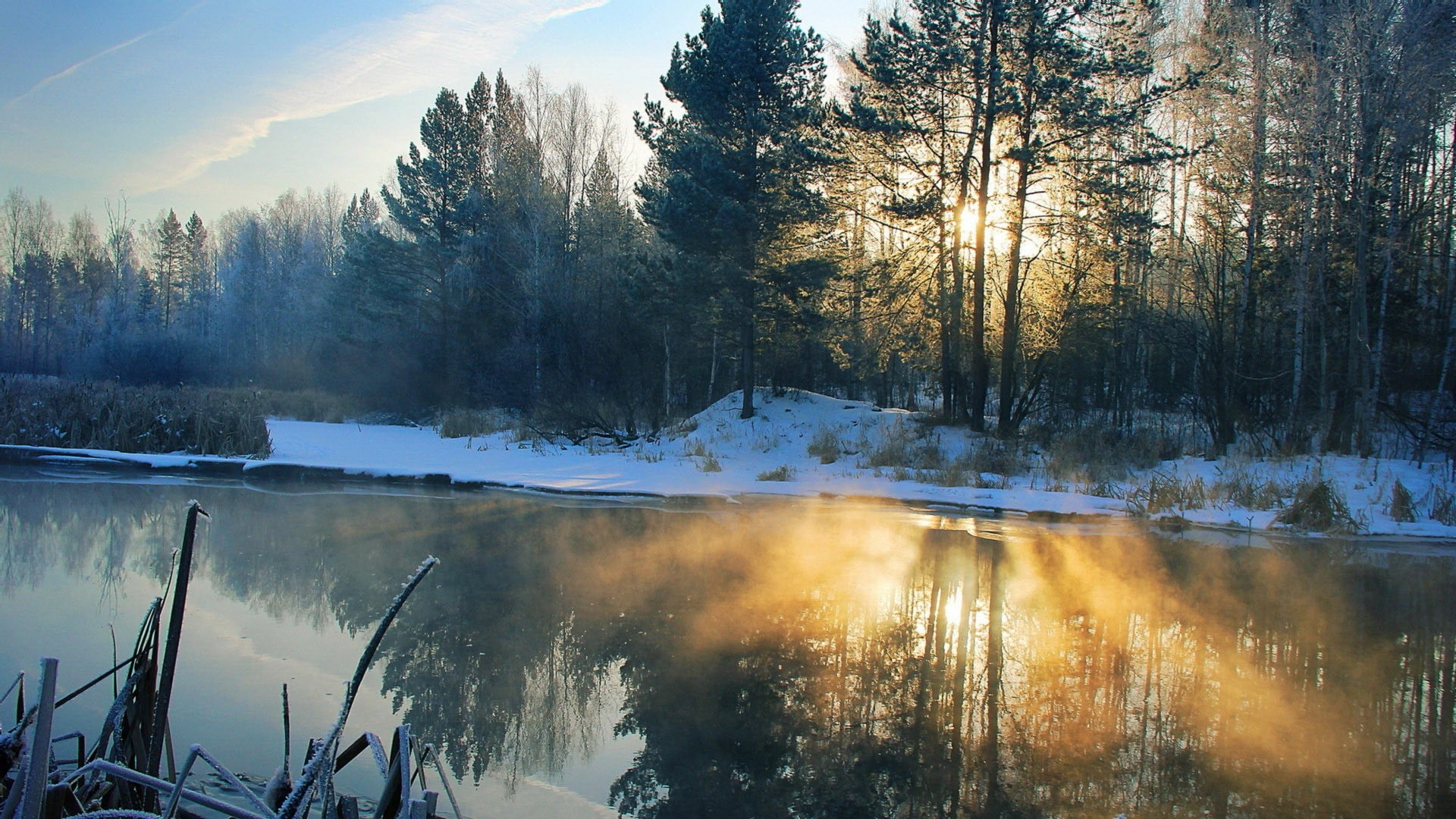 beauty in nature, non-urban scene, sunlight, pine tree, river, outdoors, idyllic, trees, sky, 1080P, snow, forest, scenics - nature, reflection lake, tranquility, HD Wallpaper