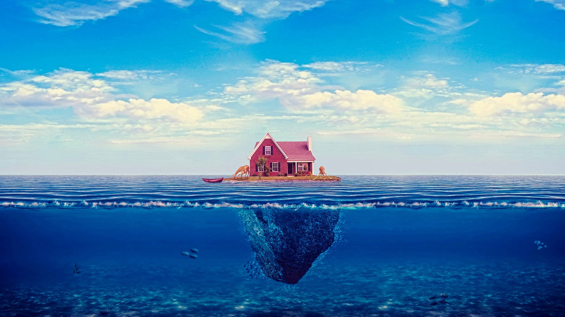 wave, architecture, sea, built structure, sky, no people, outdoors, idyllic, nature, land, building, fantasy landscape, beach, island, house, beauty in nature, HD Wallpaper